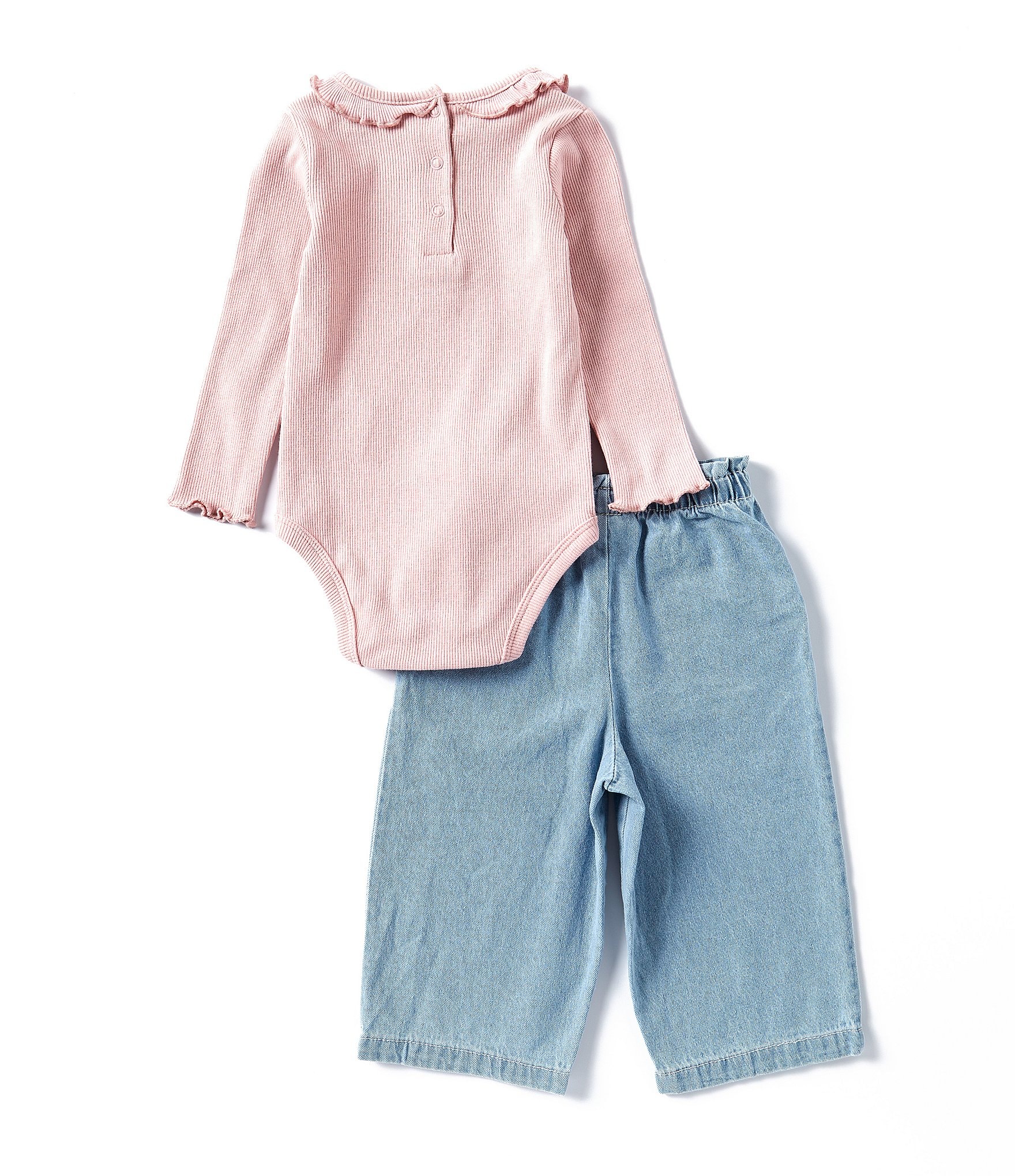 Calvin Klein Baby Girls 12-24 Months Long Sleeve Logo Ribbed Bodysuit & Denim Pull-On Pants Set