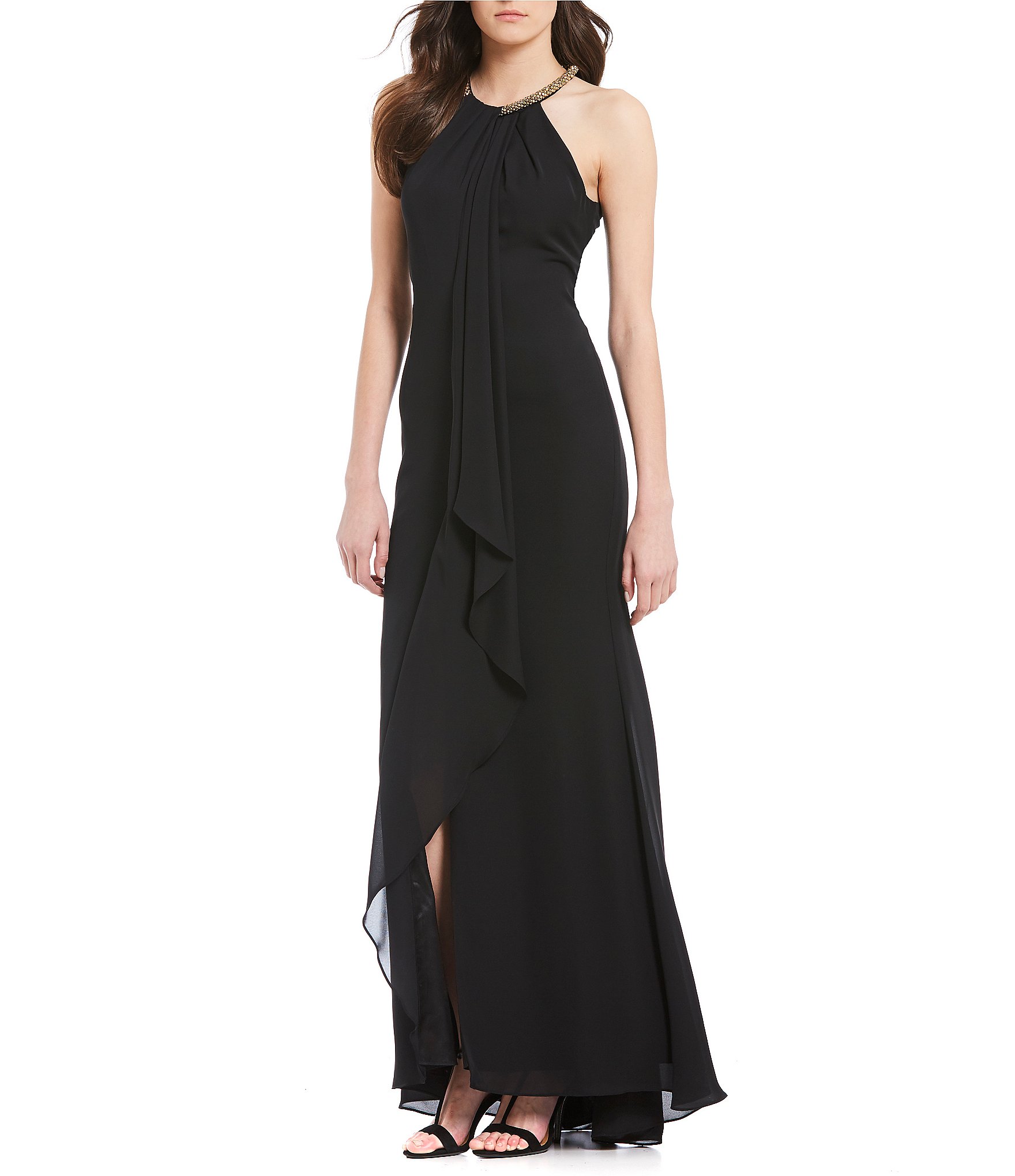 Calvin Klein Beaded-Neck Draped Ruffle Front Gown | Dillards