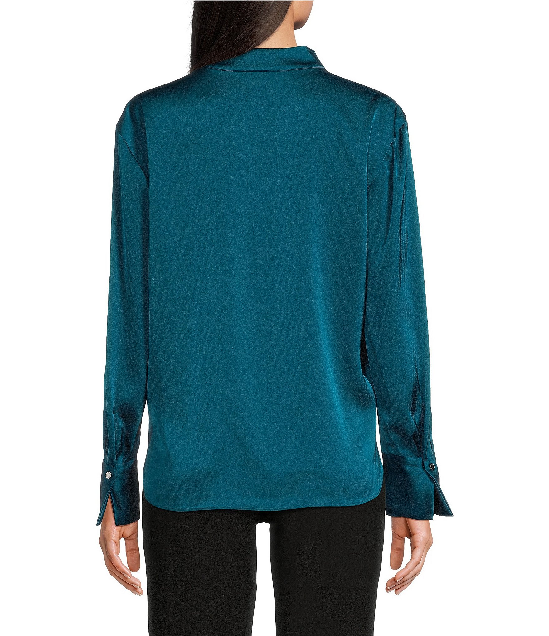 Calvin Klein Charmeuse Deep V-Neck Long Sleeve Blouse