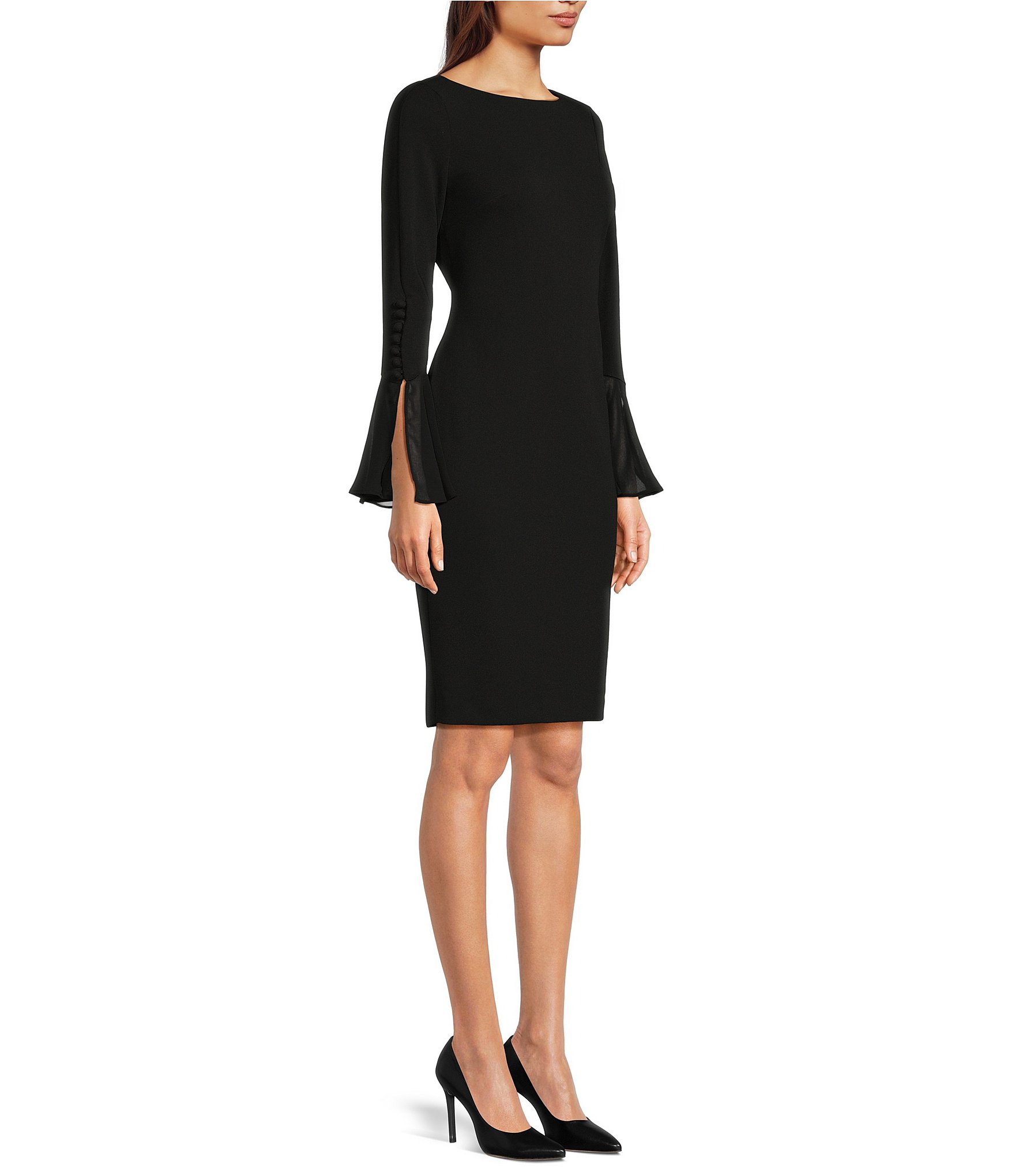 Calvin Klein Chiffon Long Sheer Bell Sleeve Round Neck Sheath Dress