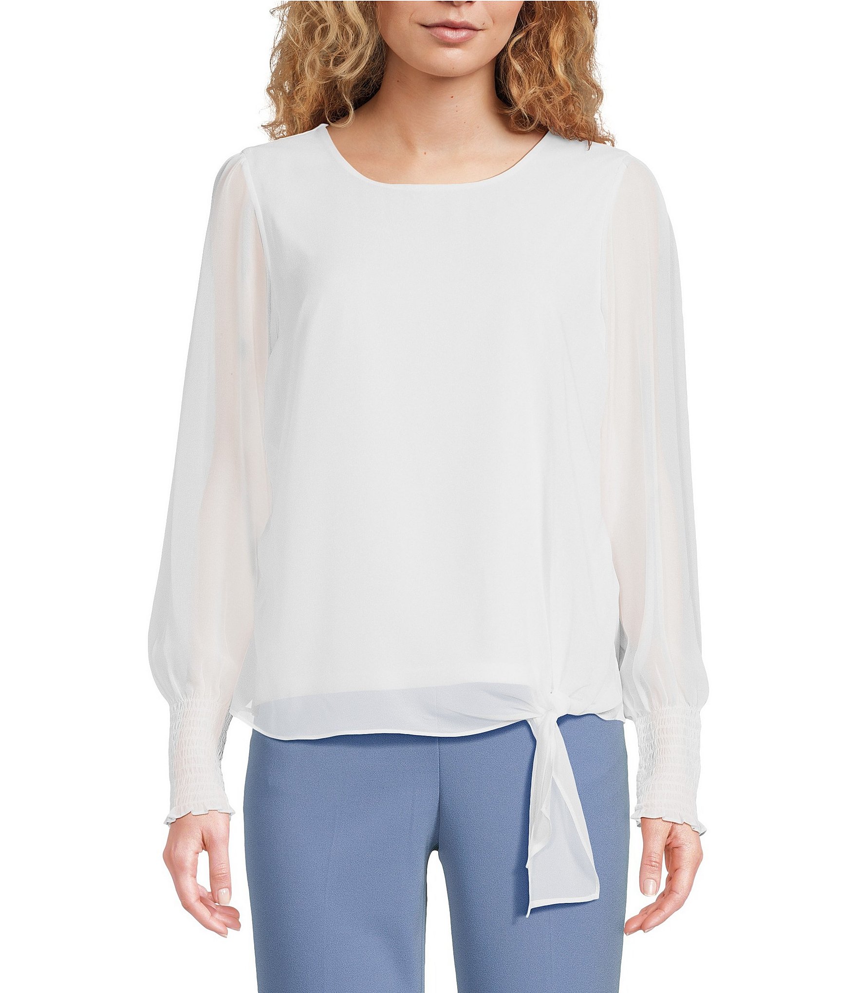 Calvin Klein Chiffon Crew Neck Long Sleeve Knot Hem Blouse | Dillard's