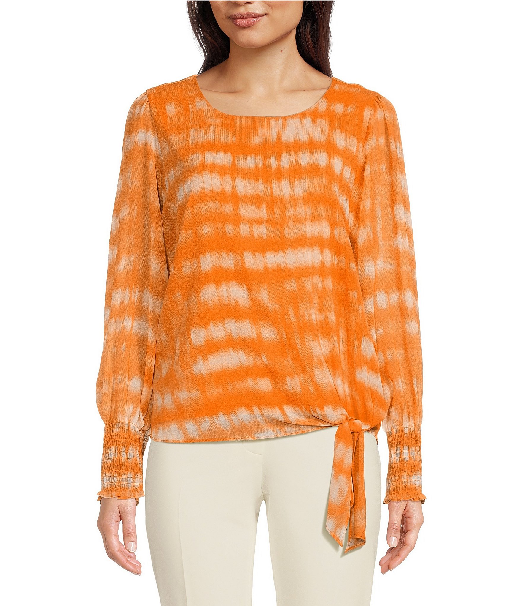 Calvin Klein Chiffon Crew Neck Long Sleeve Knot Hem Blouse | Dillard's