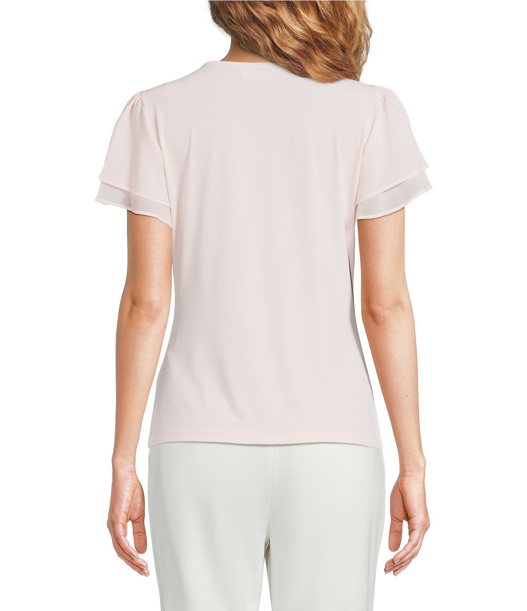 Calvin Klein Chiffon Crew Neck Short Flutter Sleeve Blouse
