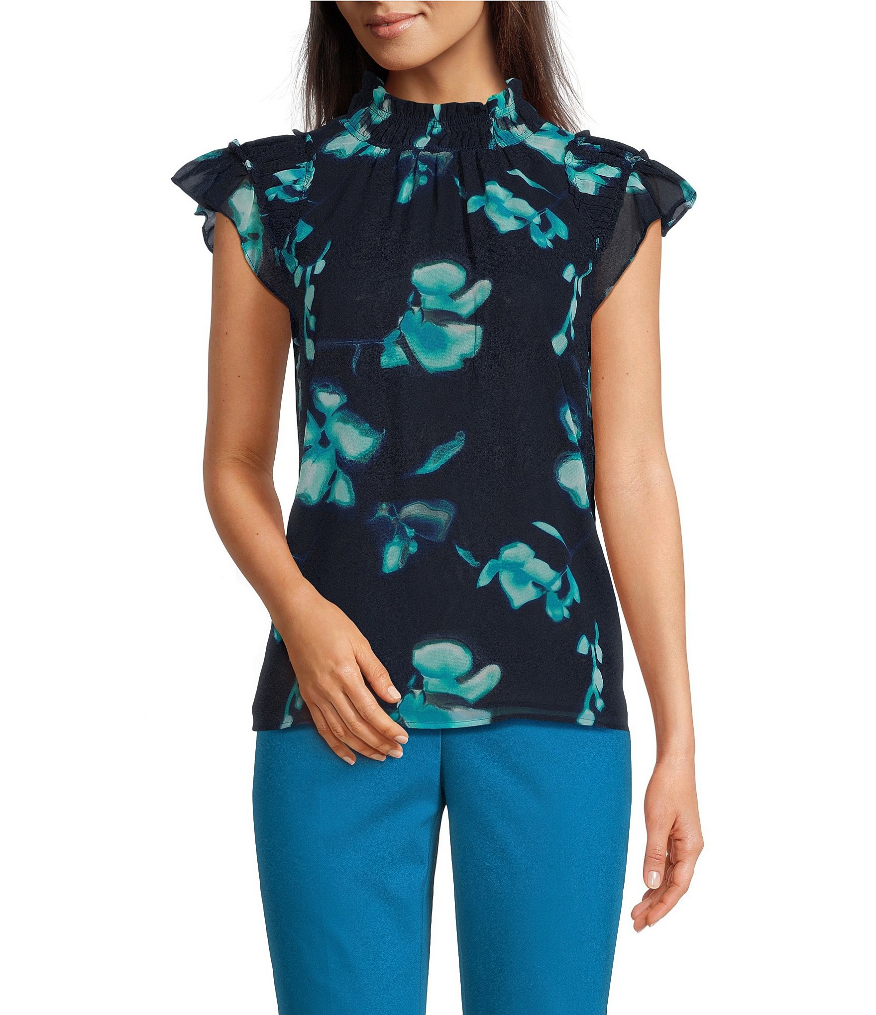 Calvin Klein Chiffon Printed Mock Neck Ruffle Detail Top