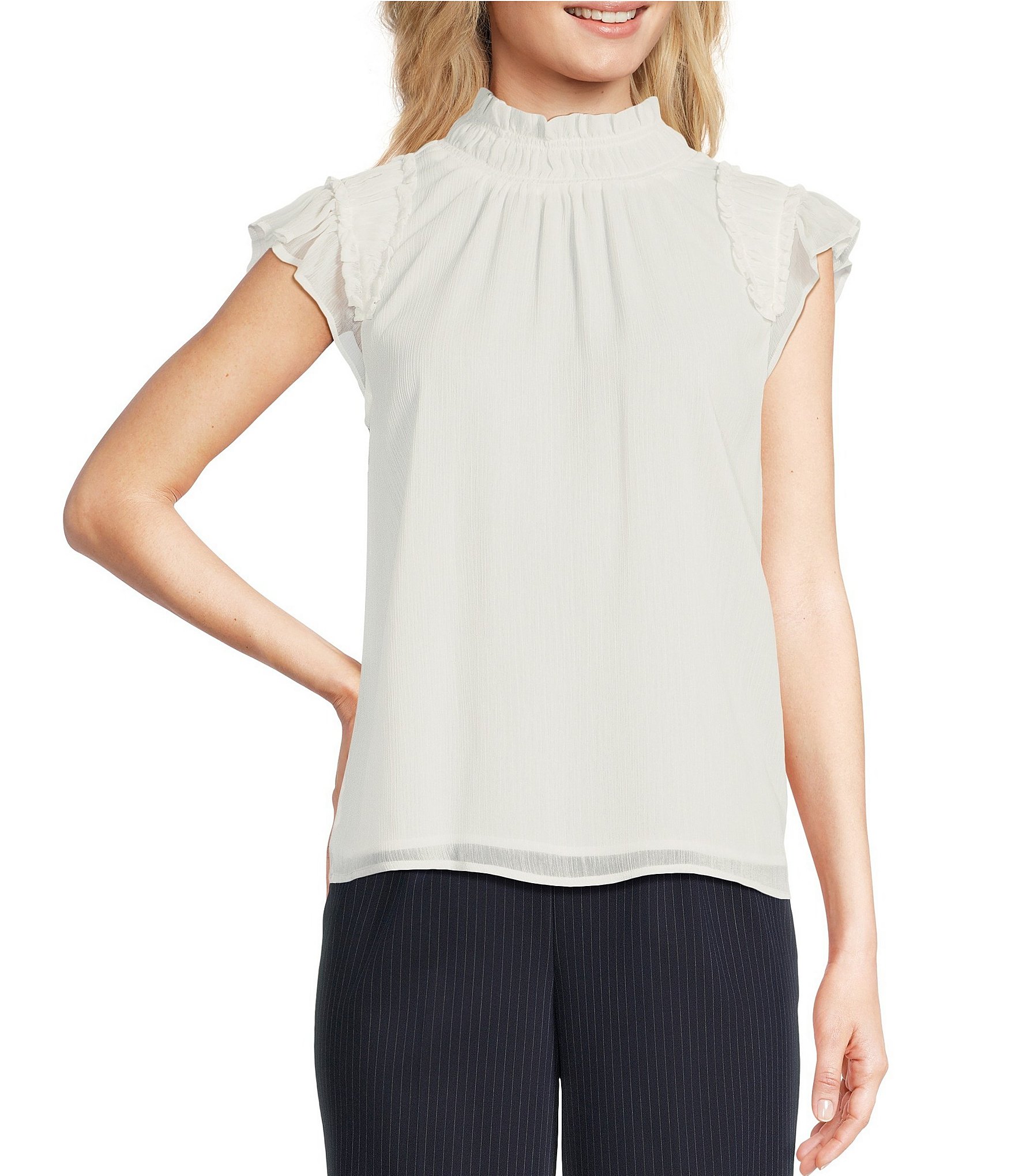 Calvin Klein Chiffon Smocked Mock Neck Cap Flutter Sleeve Top | Dillard's