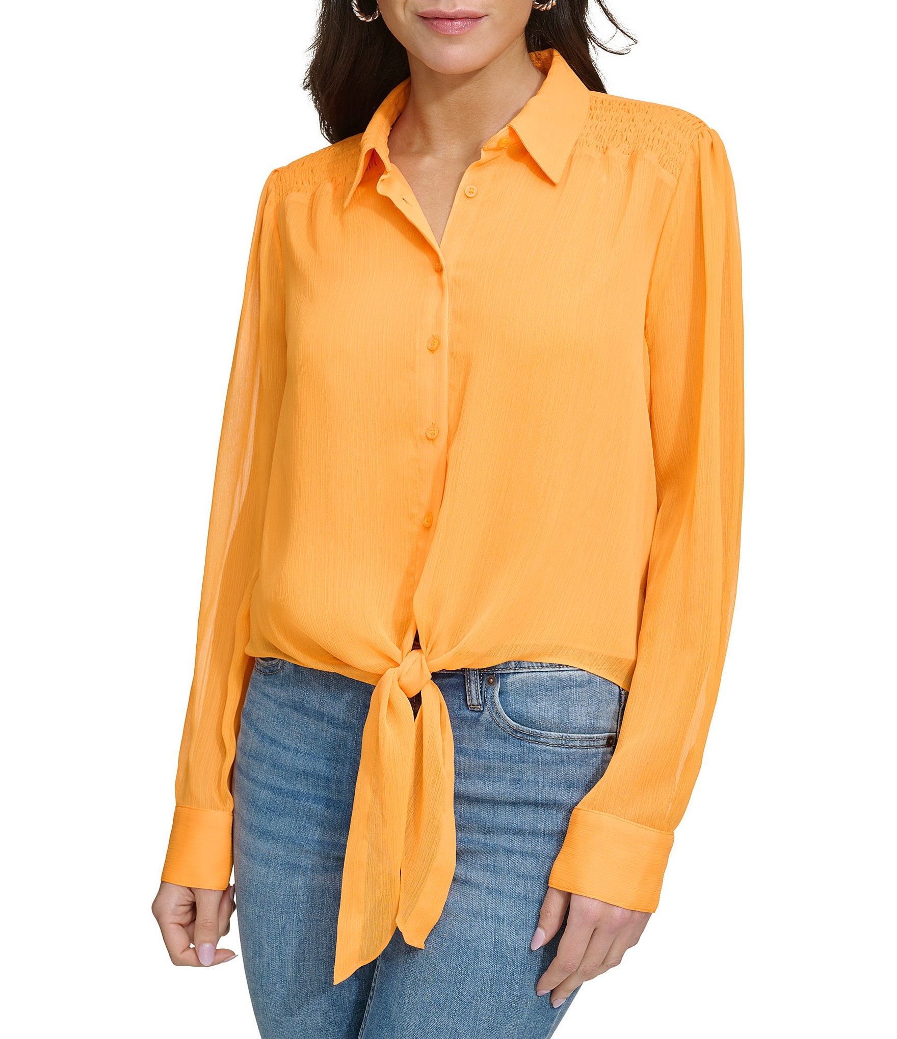 Calvin Klein CALVIN KLEIN Womens Orange Textured Tie Belt Unlined Check  Dolman Sleeve Collared Tea-Length Shirt Dress 4