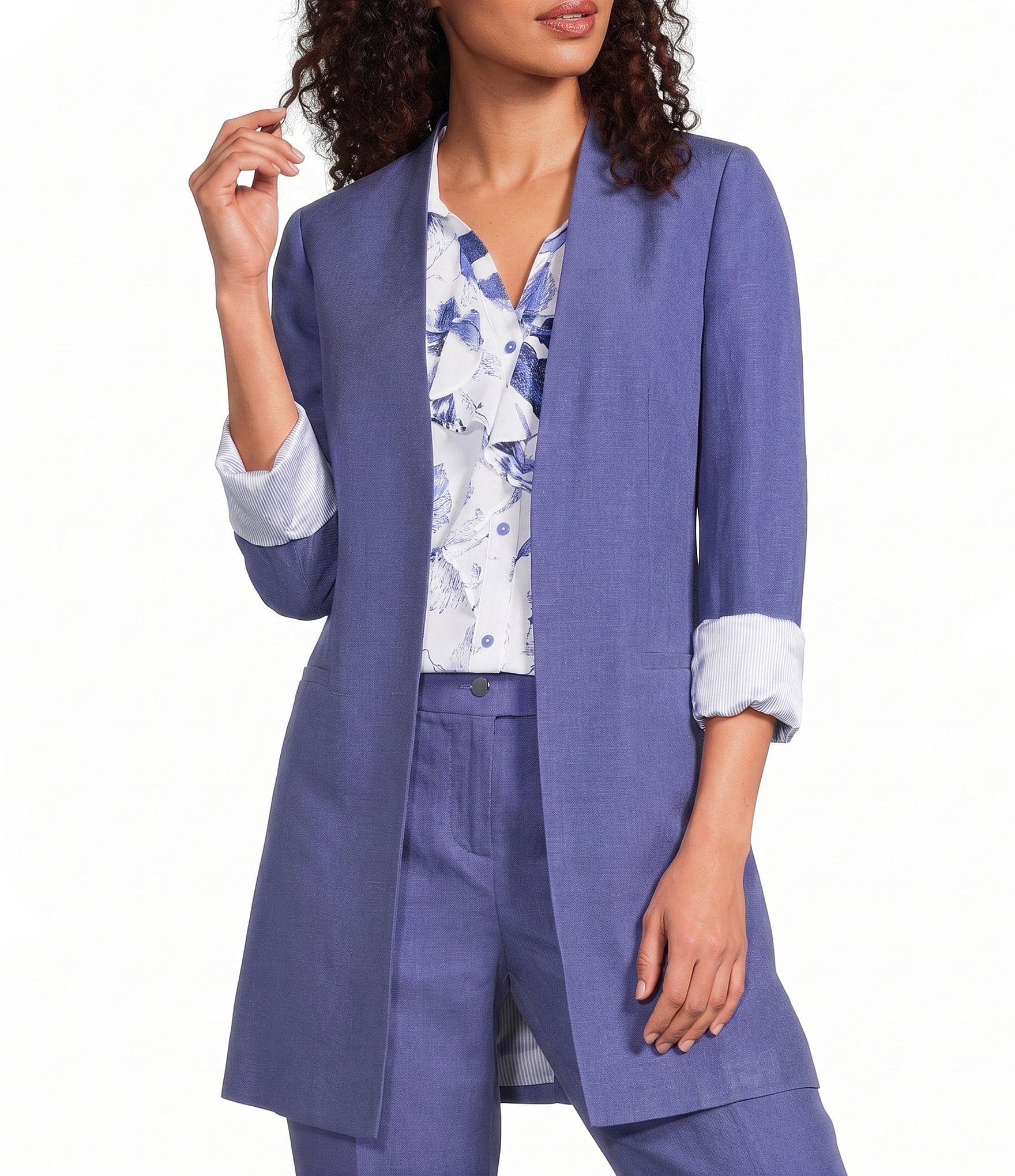 Calvin Klein Coordinating Linen Blend Collarless 3/4 Sleeve Open Front Blazer