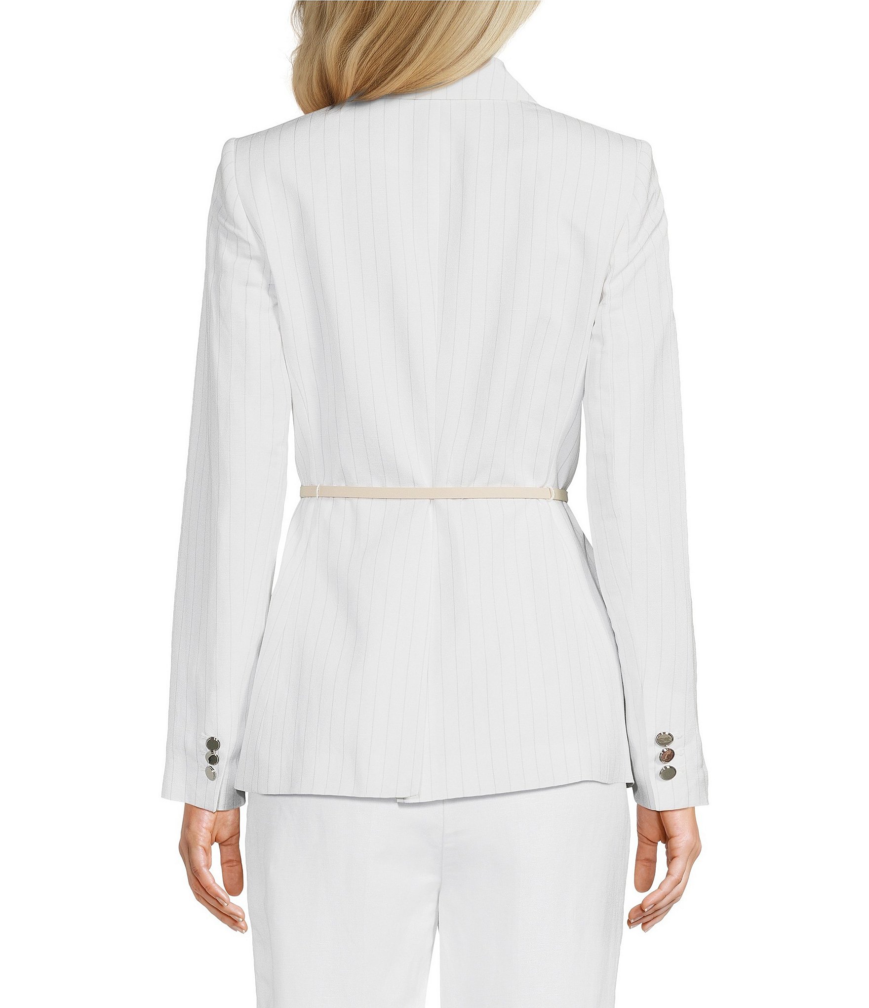Calvin Klein Coordinating Linen Blend Stripe Notch Lapel Long Sleeve Belted Jacket