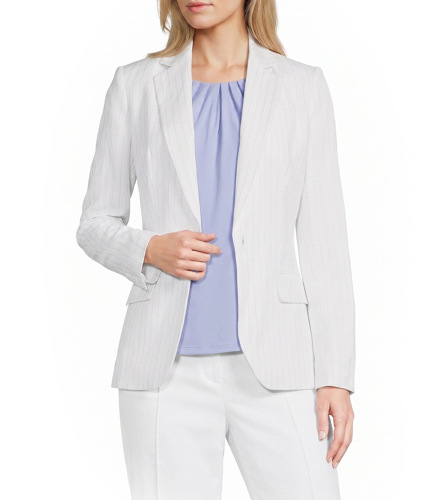 Calvin Klein Coordinating Linen Blend Stripe Notch Lapel Long Sleeve Belted Jacket
