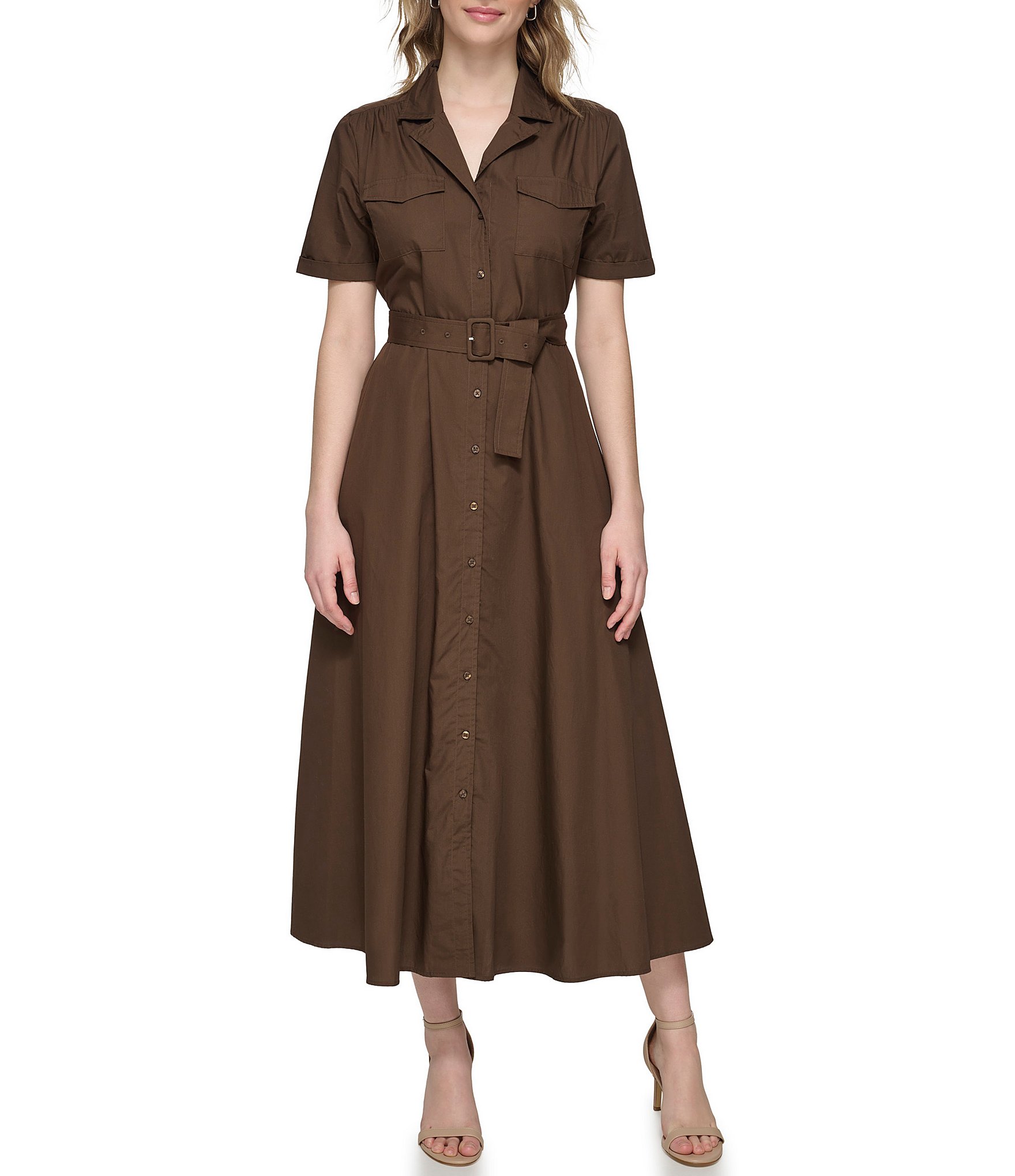 Calvin Klein Cotton Poplin Notch Collar Short Sleeve Belted Button Front  Maxi A-Line Shirt Dress | Dillard's
