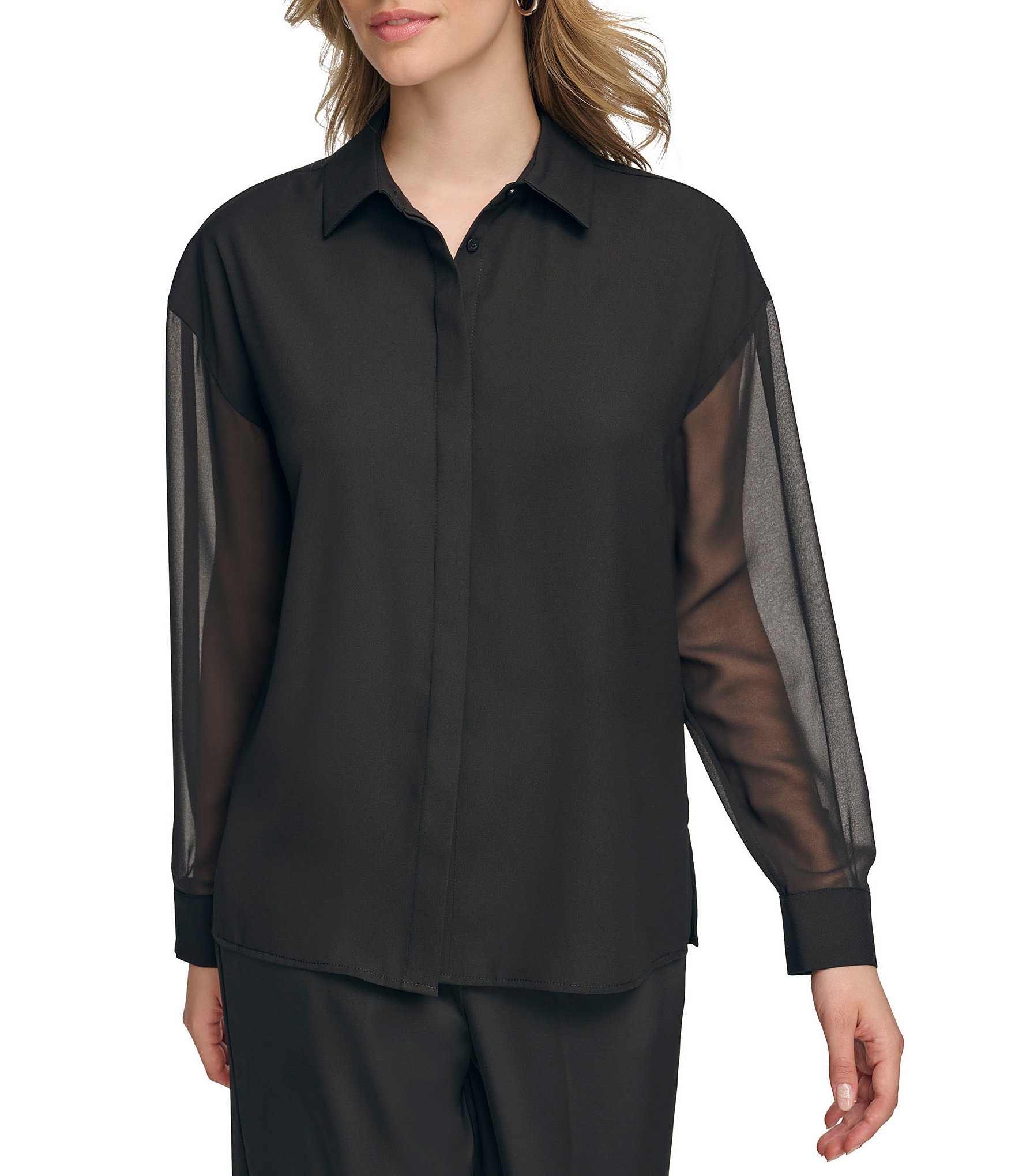 Calvin Klein Crepe Point Sheer Front Long | Dillard\'s Collar Slit Side Blouse Sleeve Button