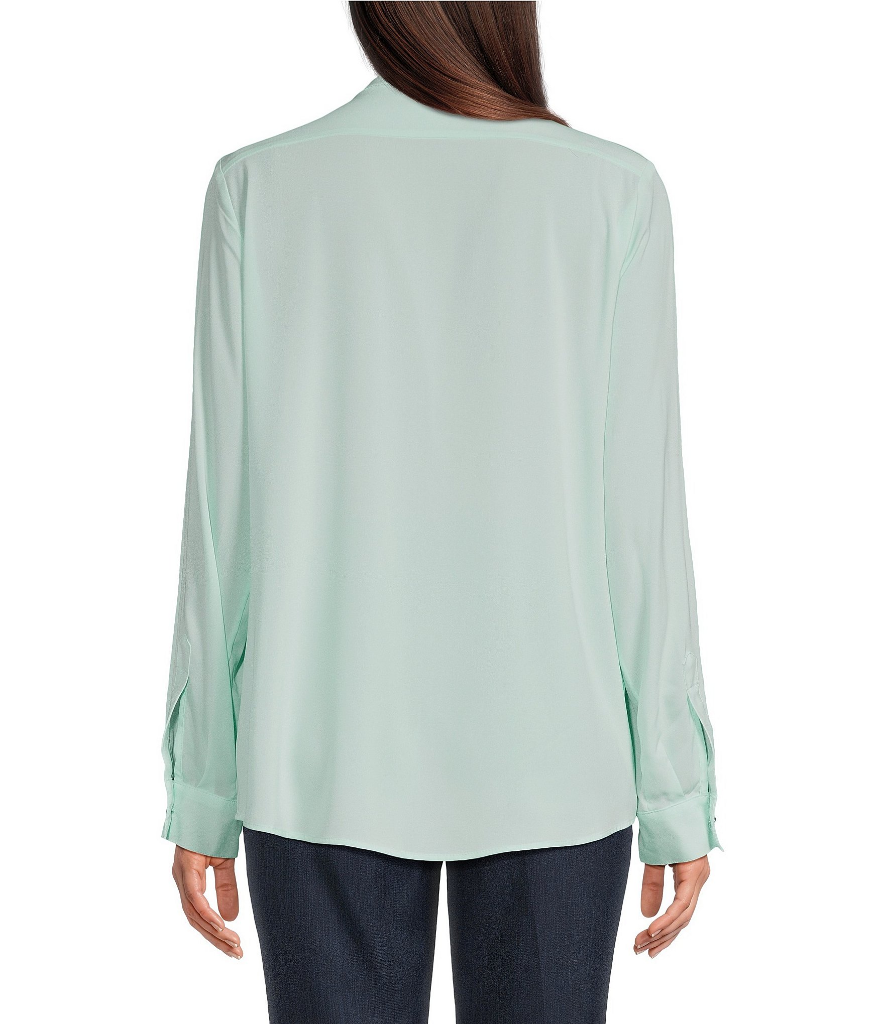 Calvin Klein Crew Neck Roll Sleeve Button Front Blouse