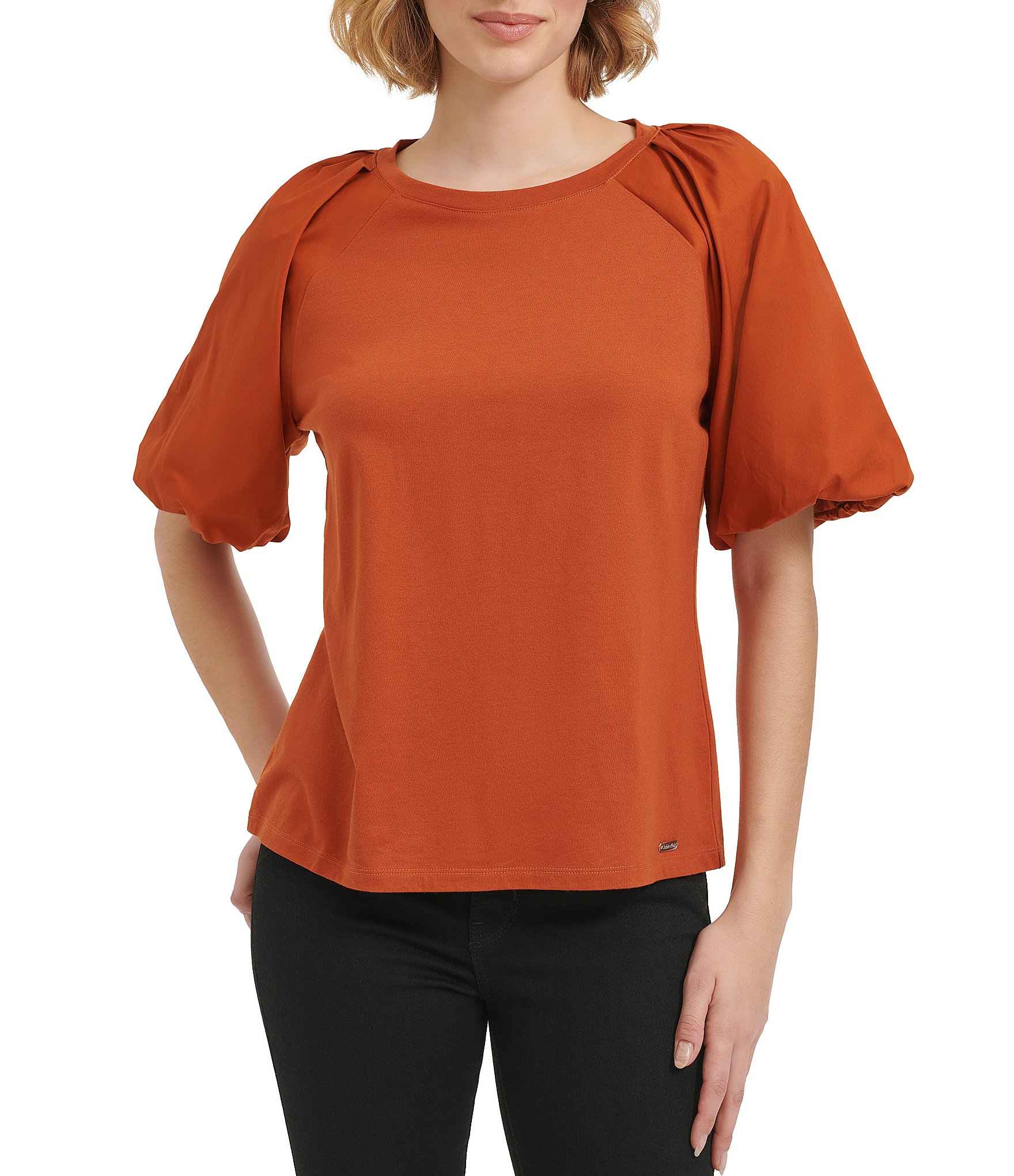 Calvin Klein Crew Neckline Short Puff Sleeve Blouse