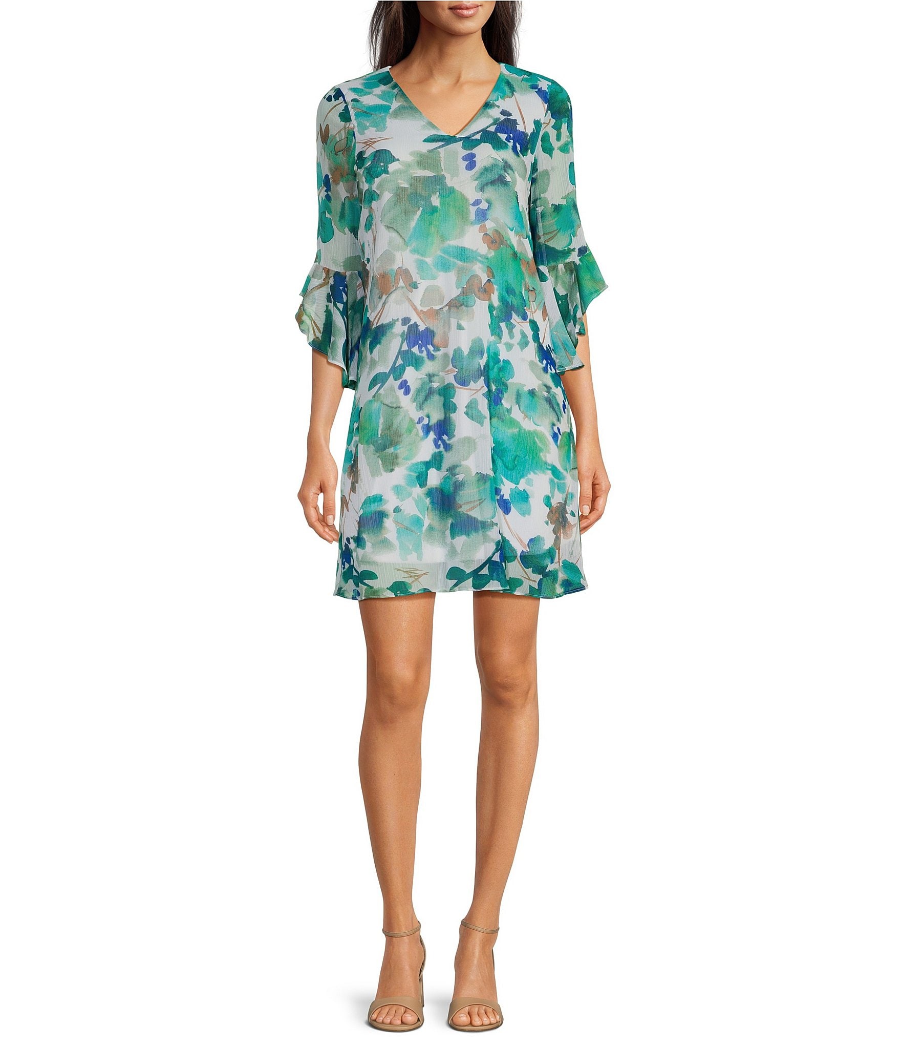 Calvin Klein Floral Chiffon V-Neck 3/4 Sleeve Shift Dress
