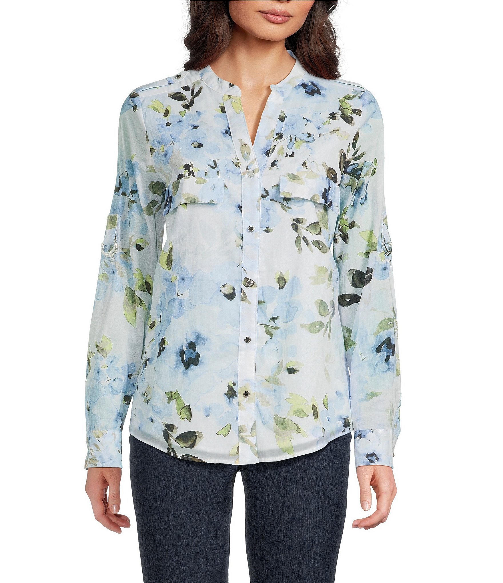 Calvin Klein Floral Cotton Crew Neck Roll Tab Sleeve Button Front Blouse