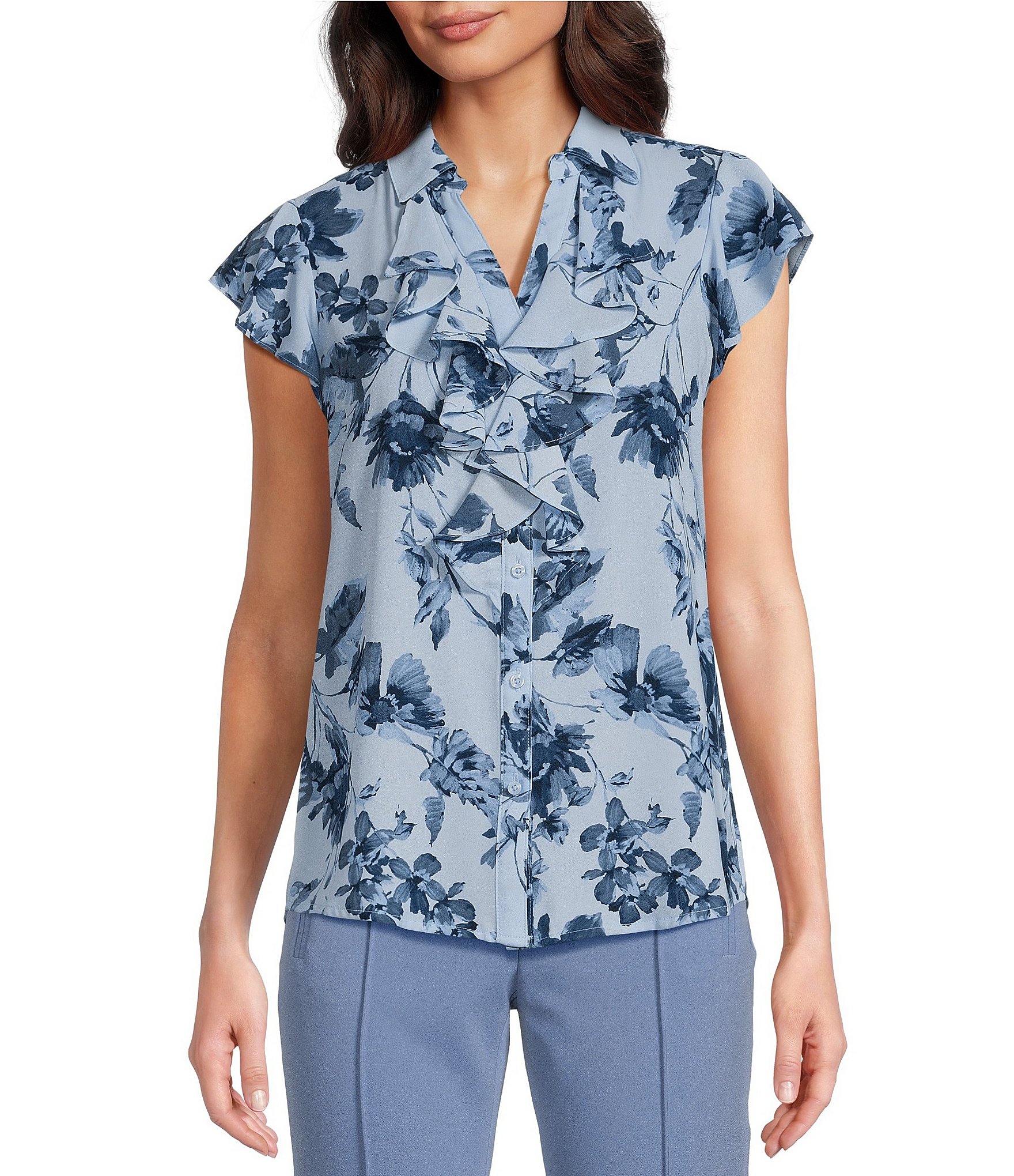 Calvin Klein Floral Print Ruffle Button Front Blouse | Dillard's