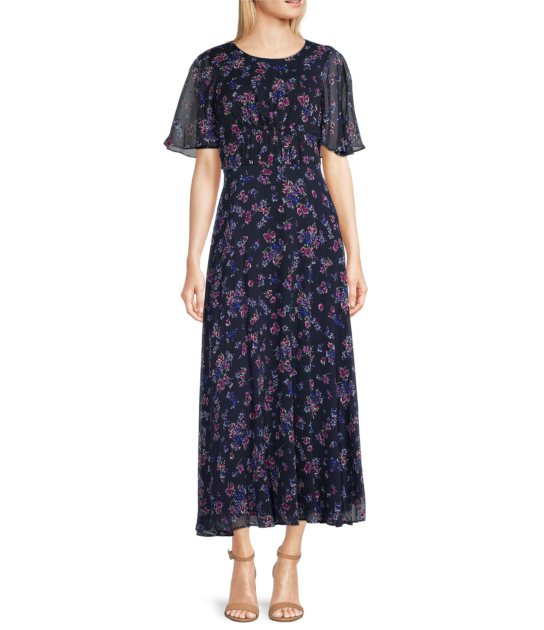 Calvin Klein Floral Print Short Flutter Sleeve Crinkled Chiffon Dress ...