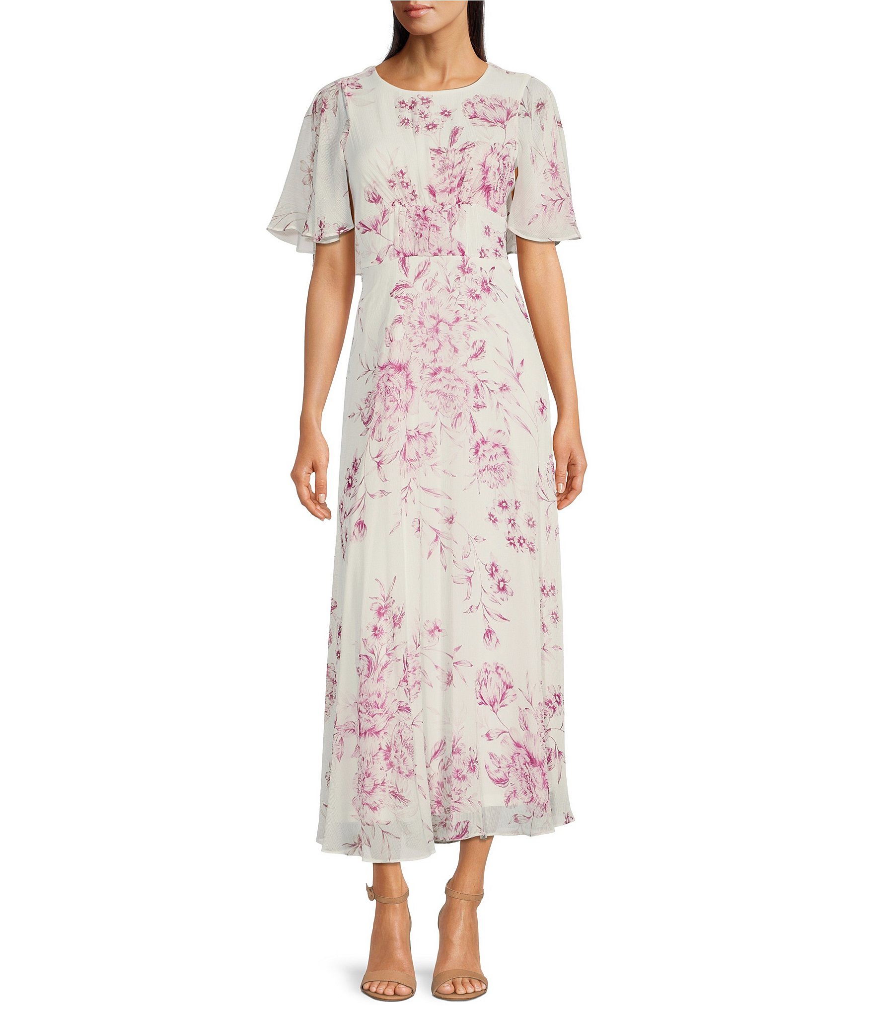 Calvin Klein Floral Print Short Puff Sleeve Crew Neck Chiffon Midi Dress |  Dillard's