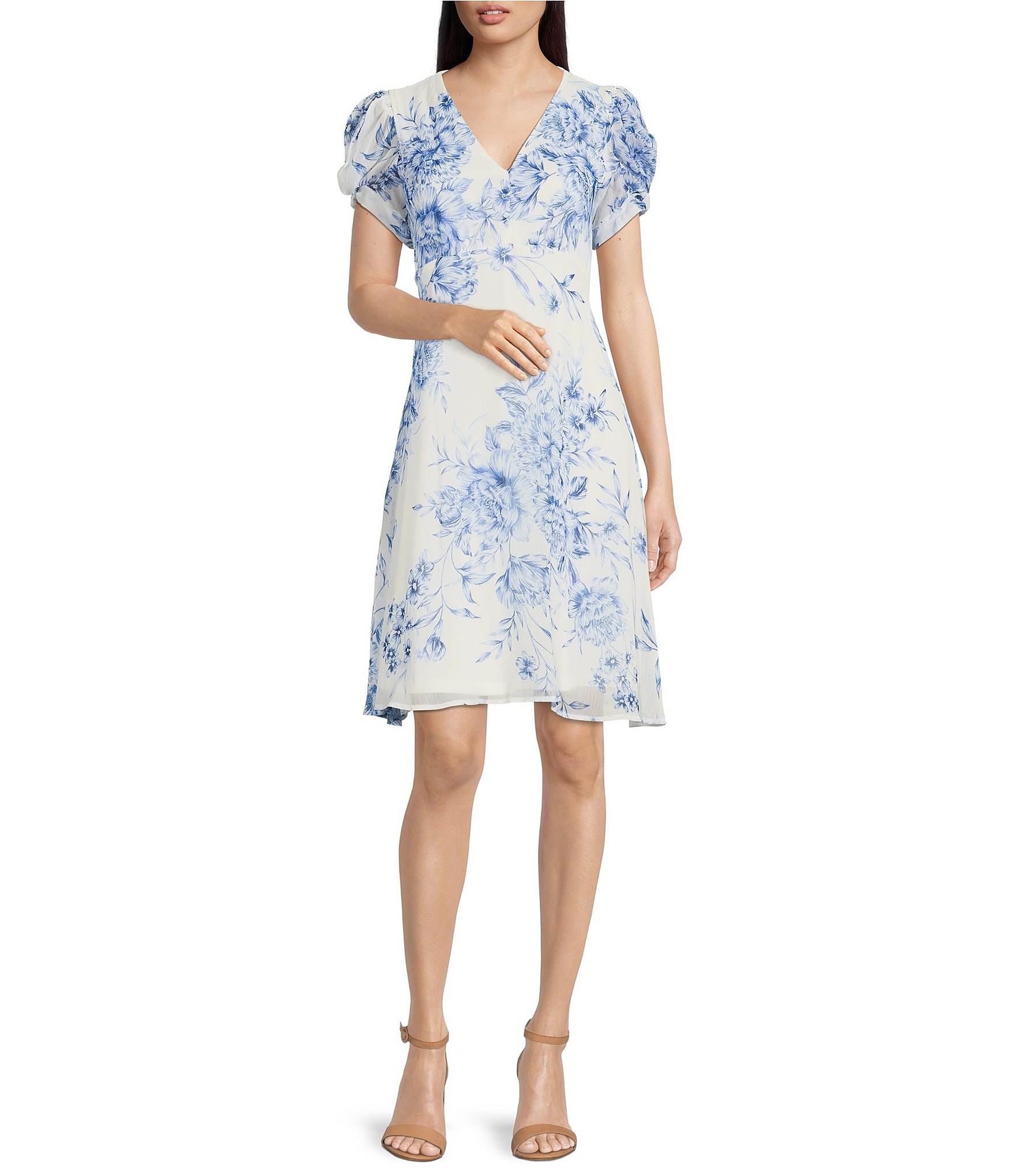 Calvin Klein Floral Print Short Puffed Sleeve V-Neck Chiffon Dress |  Dillard's
