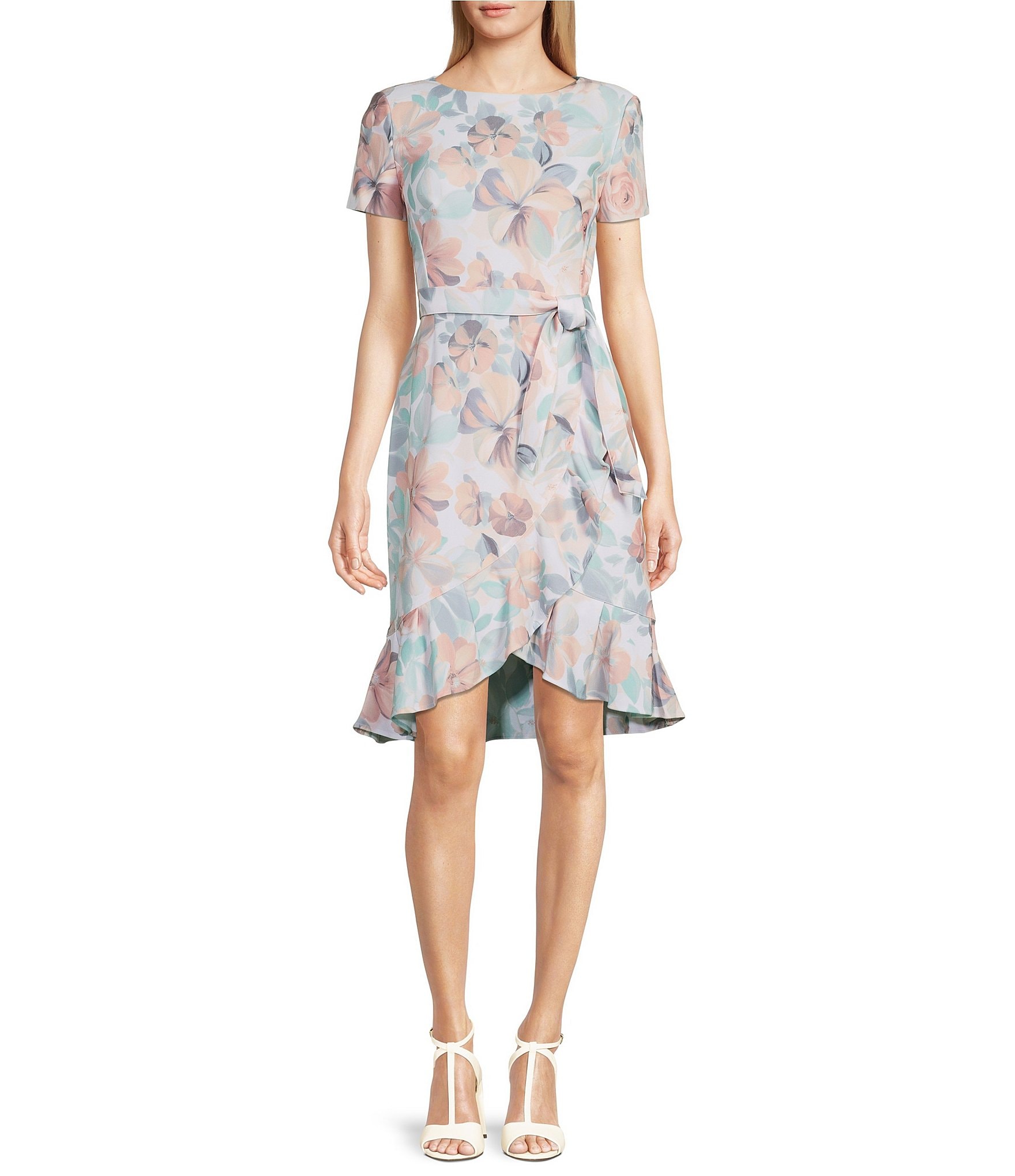 Calvin Klein Floral Print Short Sleeve Crew Neck Ruffled Hem Scuba Crepe  Dress | Dillard's