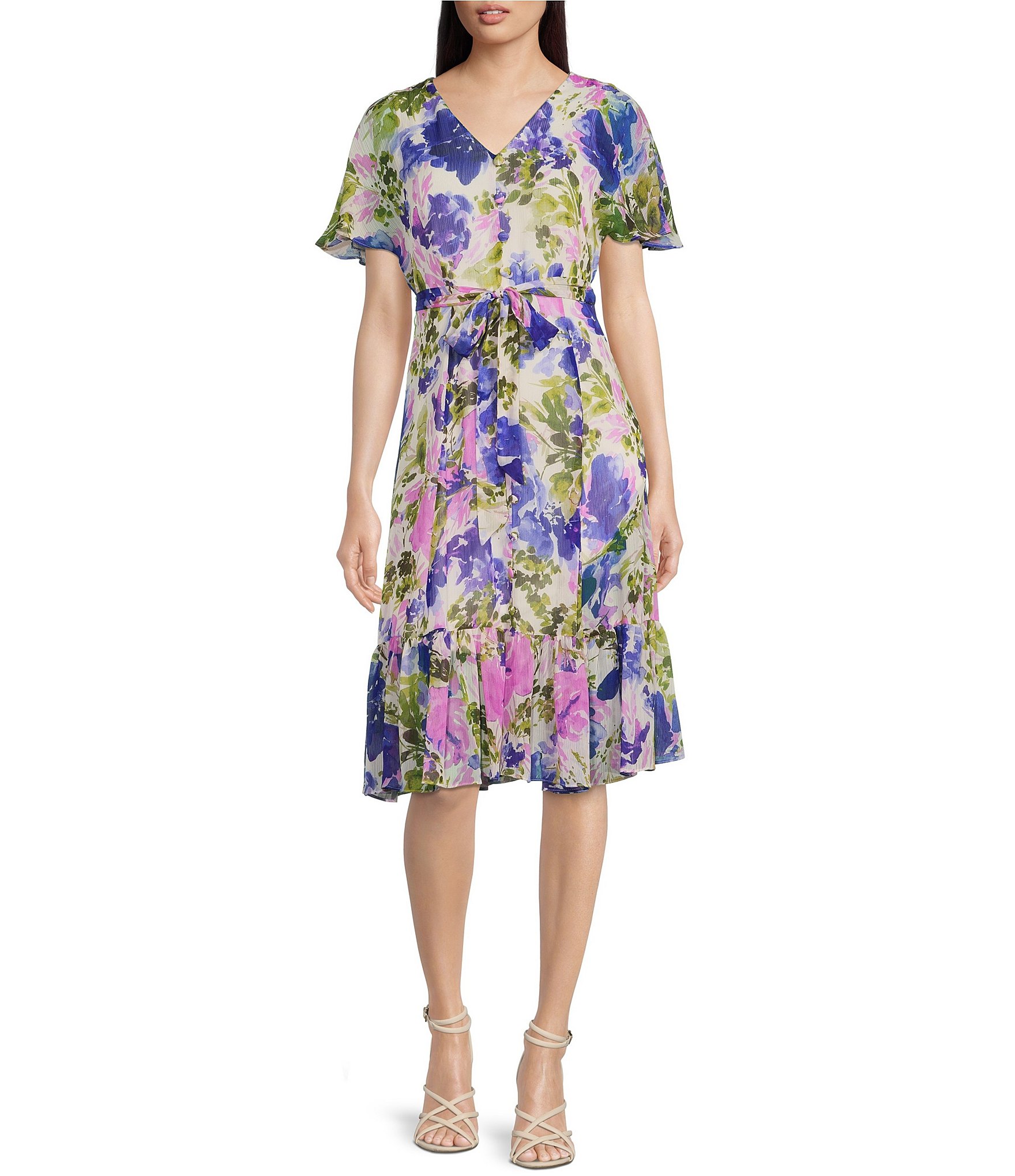 Calvin Klein Floral Print Short Sleeve V-Neck Button Front Chiffon Midi  Dress | Dillard\'s