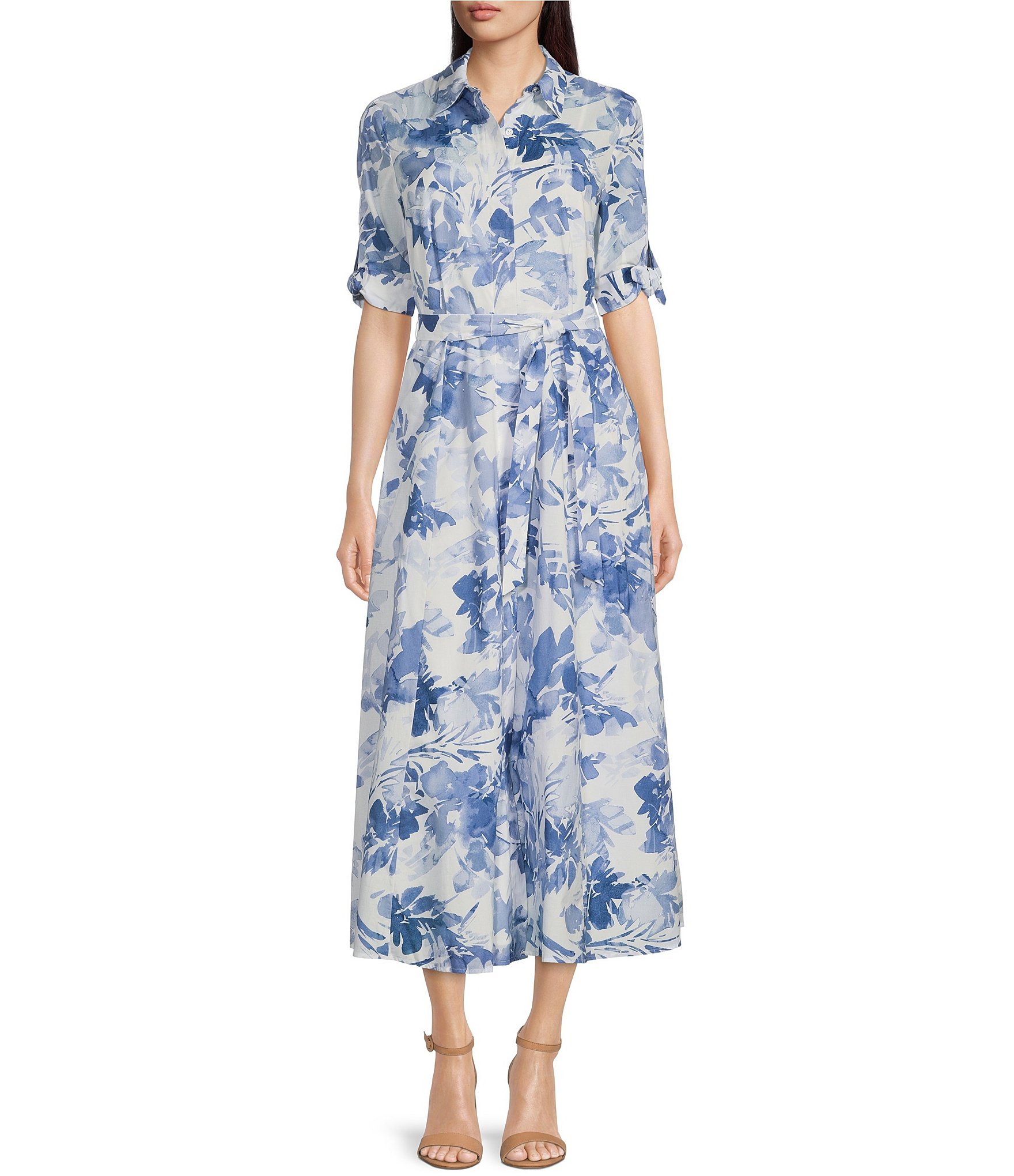 Calvin Klein Floral Print Short Tie Sleeve Collared Neck Tie Waist Midi  Dress | Dillard's
