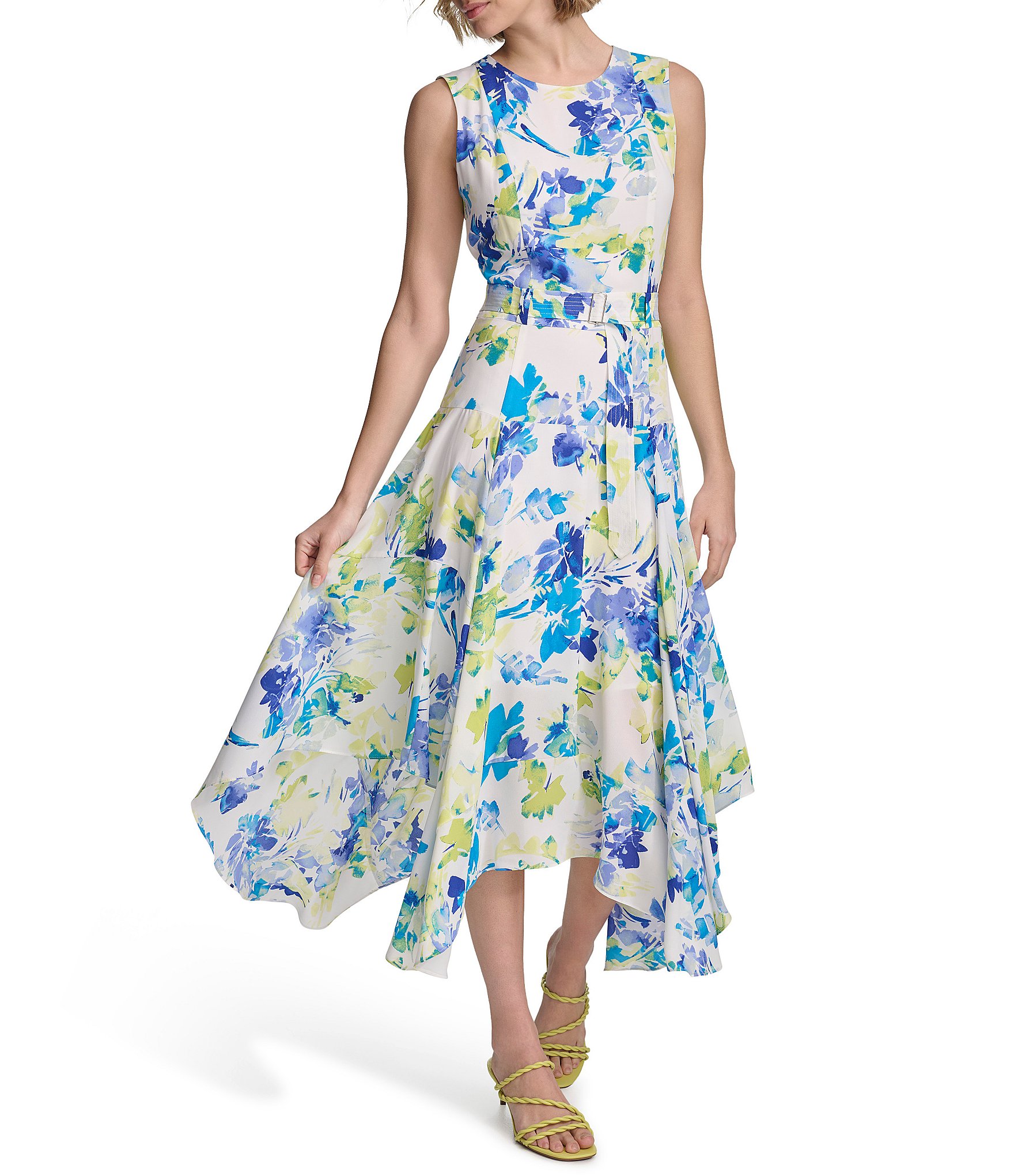 Calvin Klein Floral Printed Crew Neck Sleeveless Handkerchief Hem Belted Fit and Flare Dress Dillard s