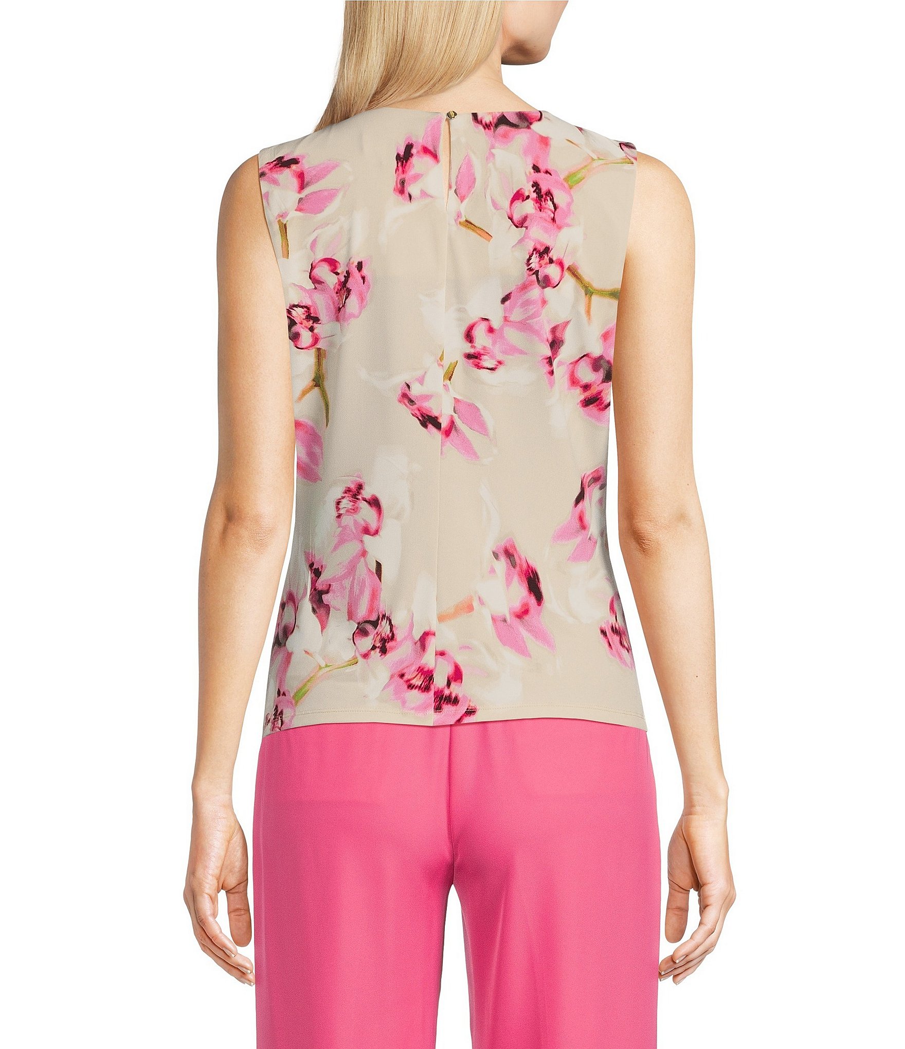 Calvin Klein Floral Printed Matte Jersey Pleated Crew Neck Cami