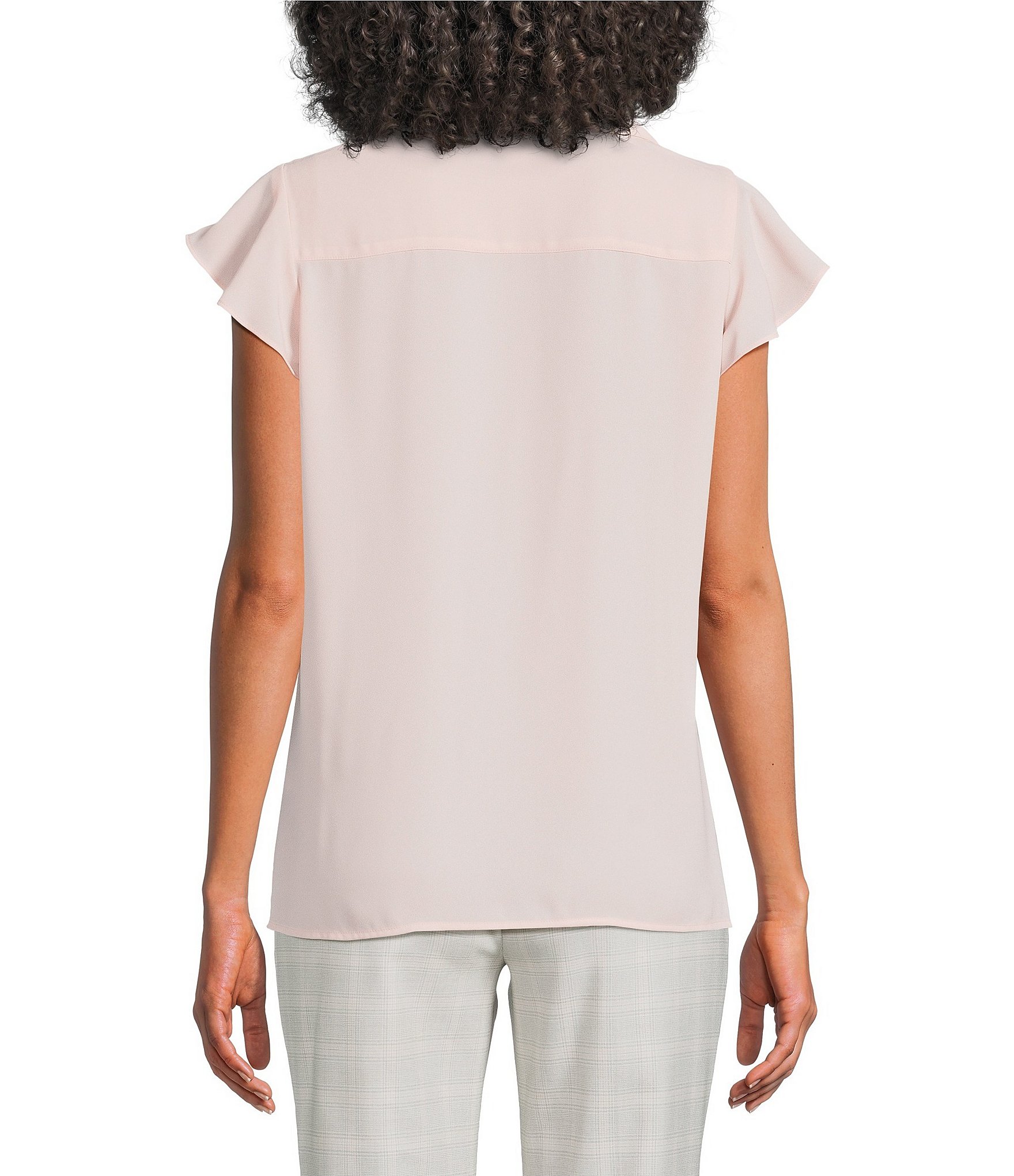 Calvin Klein Georgette Point Collar Cap Sleeve Ruffle Front Top