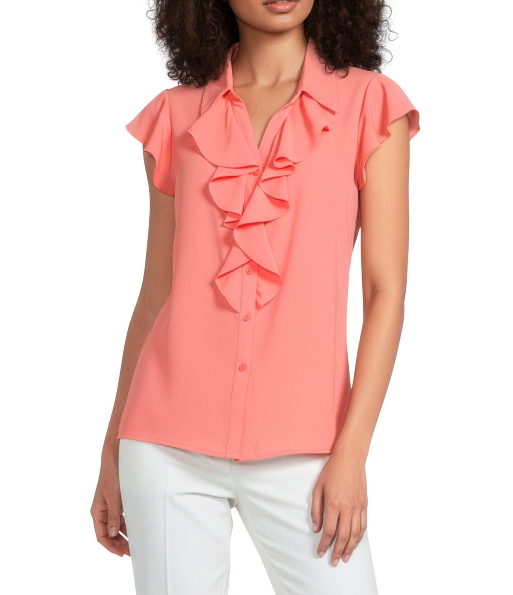 Calvin Klein Georgette Point Collar Cap Sleeve Ruffle Front Top