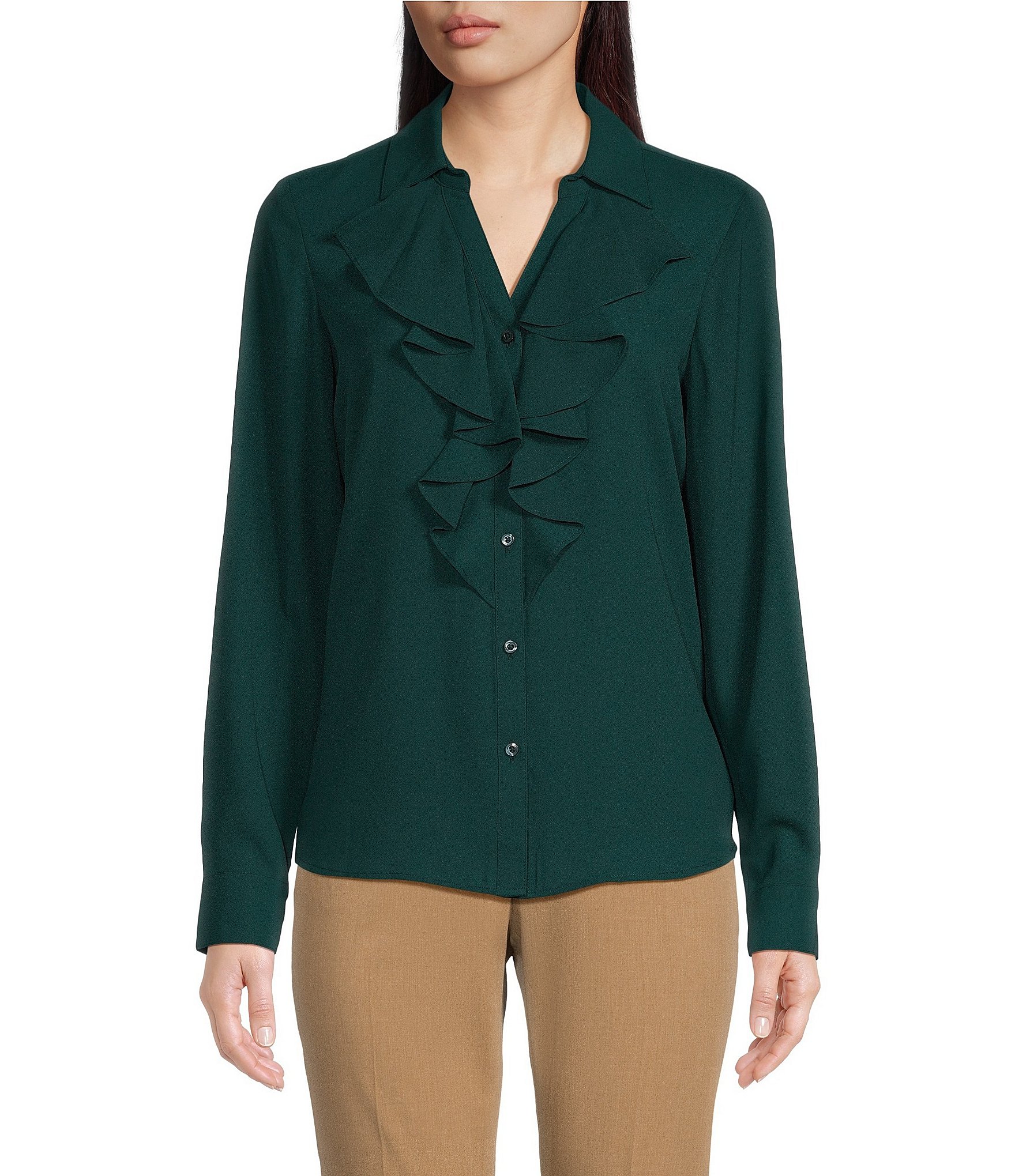 Calvin Klein Georgette Point Collar Long Sleeve Front Ruffle Button Down  Blouse | Dillard's