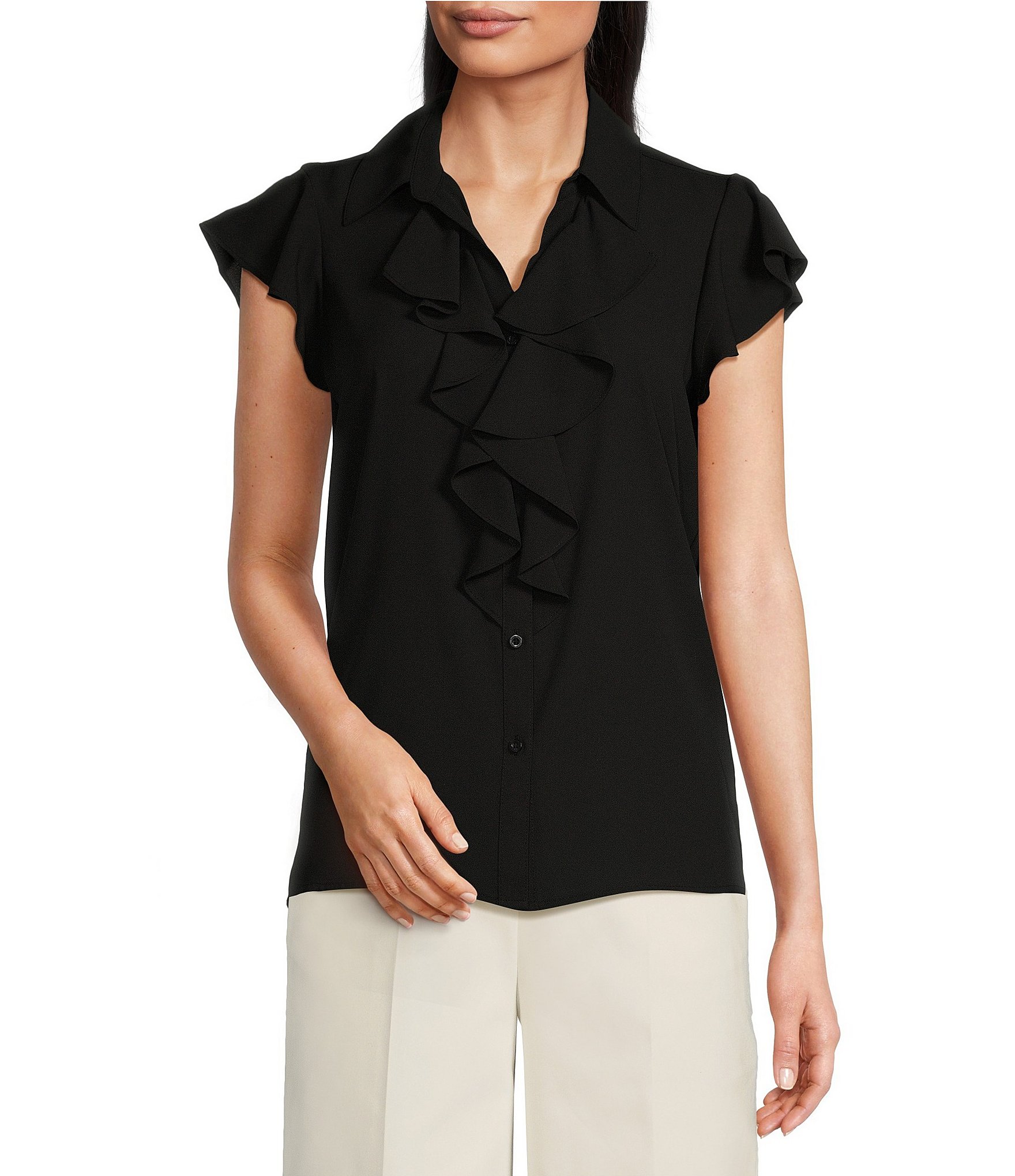 Calvin Klein Georgette Ruffle-Front Point Collar Short Sleeve Top