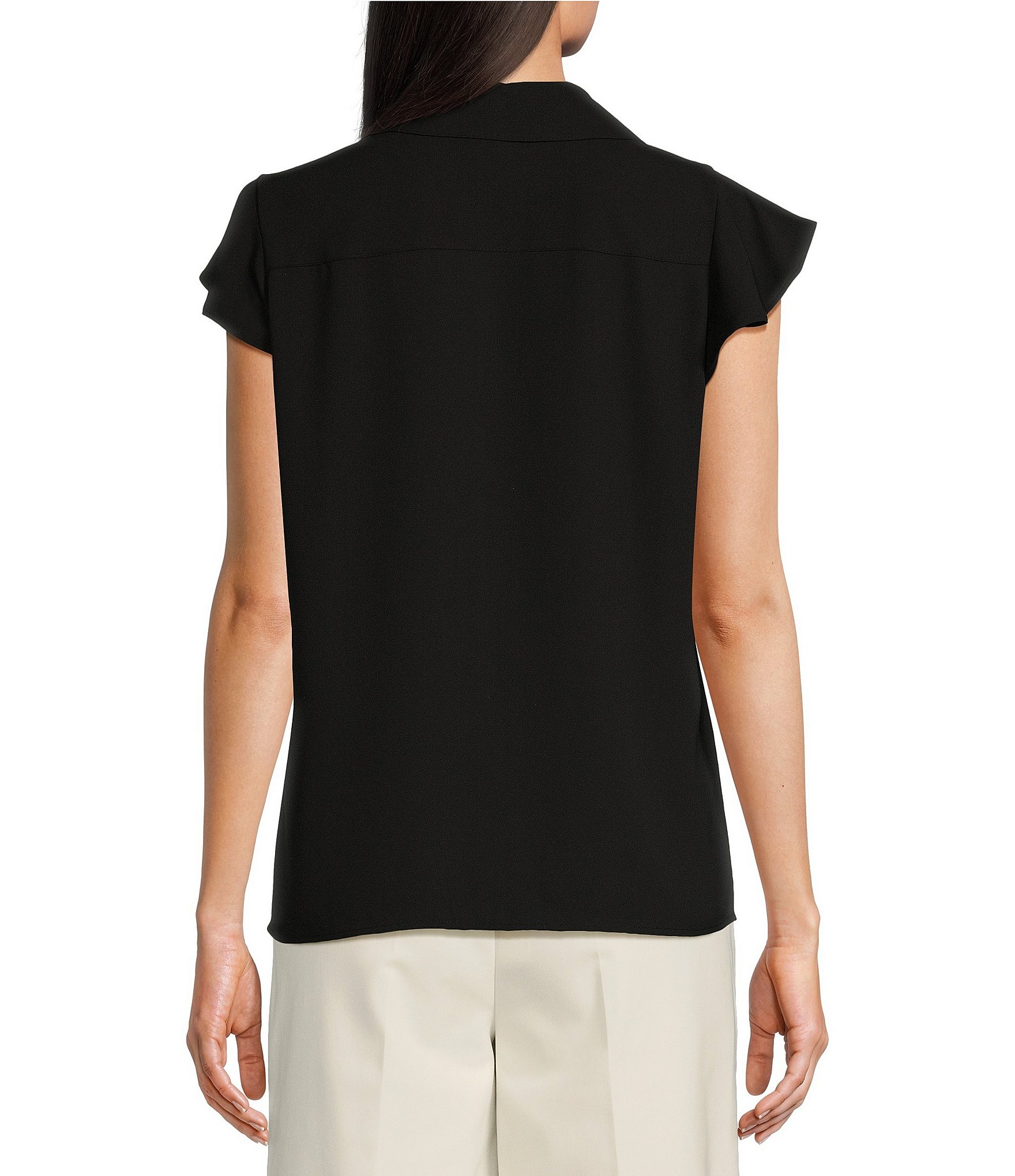 Calvin Klein Georgette Ruffle-Front Point Collar Short Sleeve Top