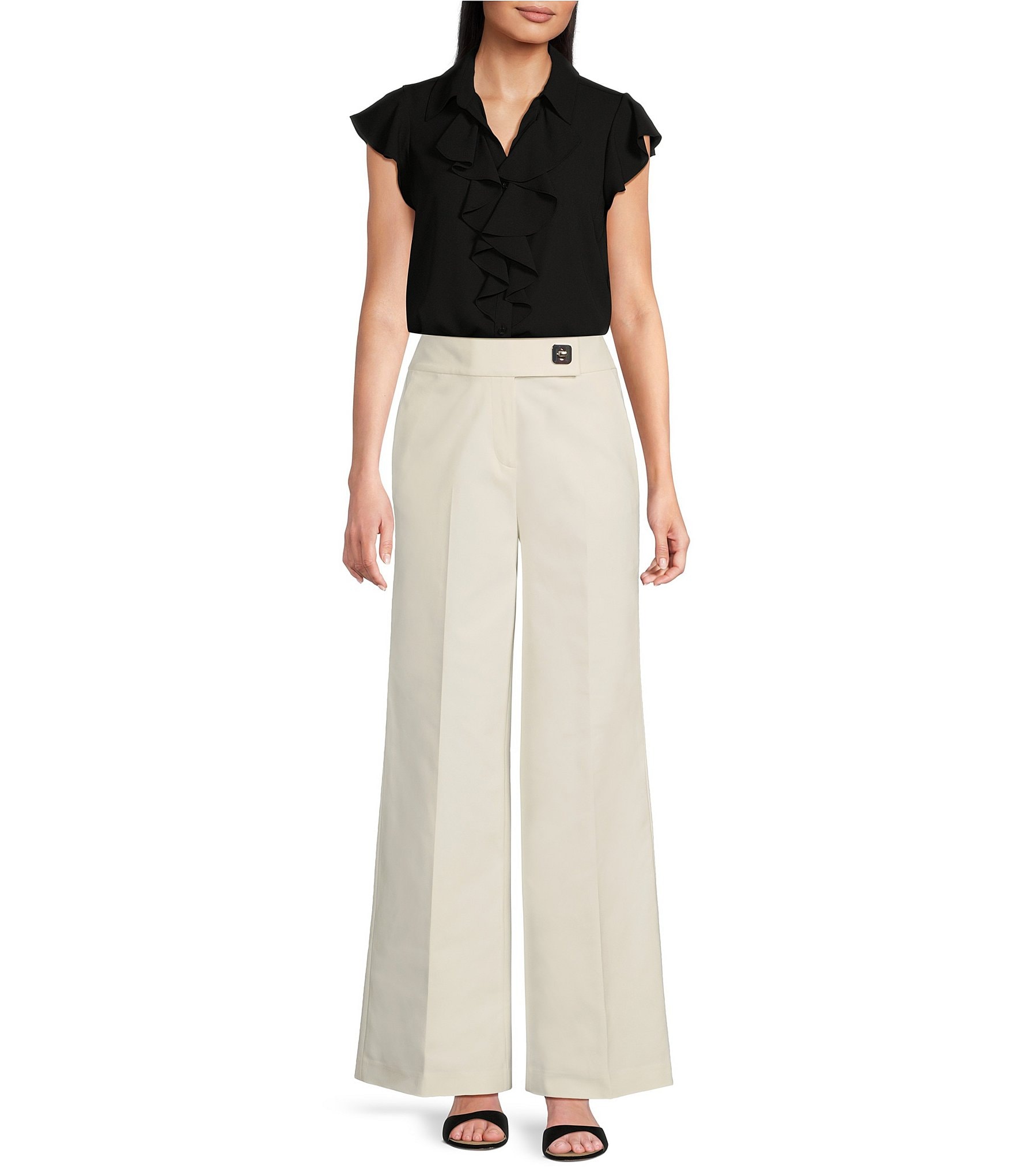 Calvin Klein Georgette Ruffle-Front Point Collar Short Sleeve Top