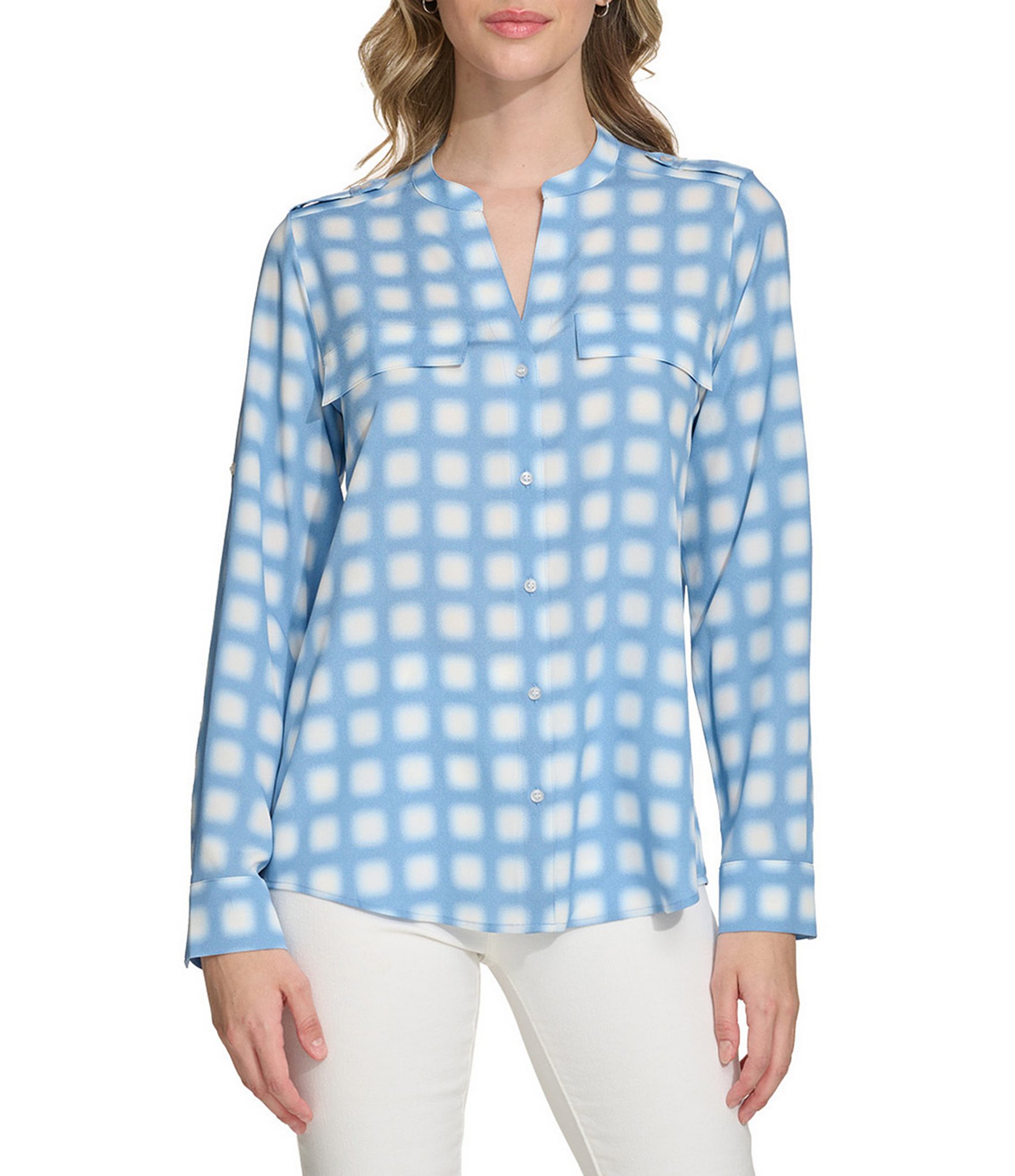 Calvin Klein Gingham Printed V-Neck Flap Pocket Long Sleeve Roll 