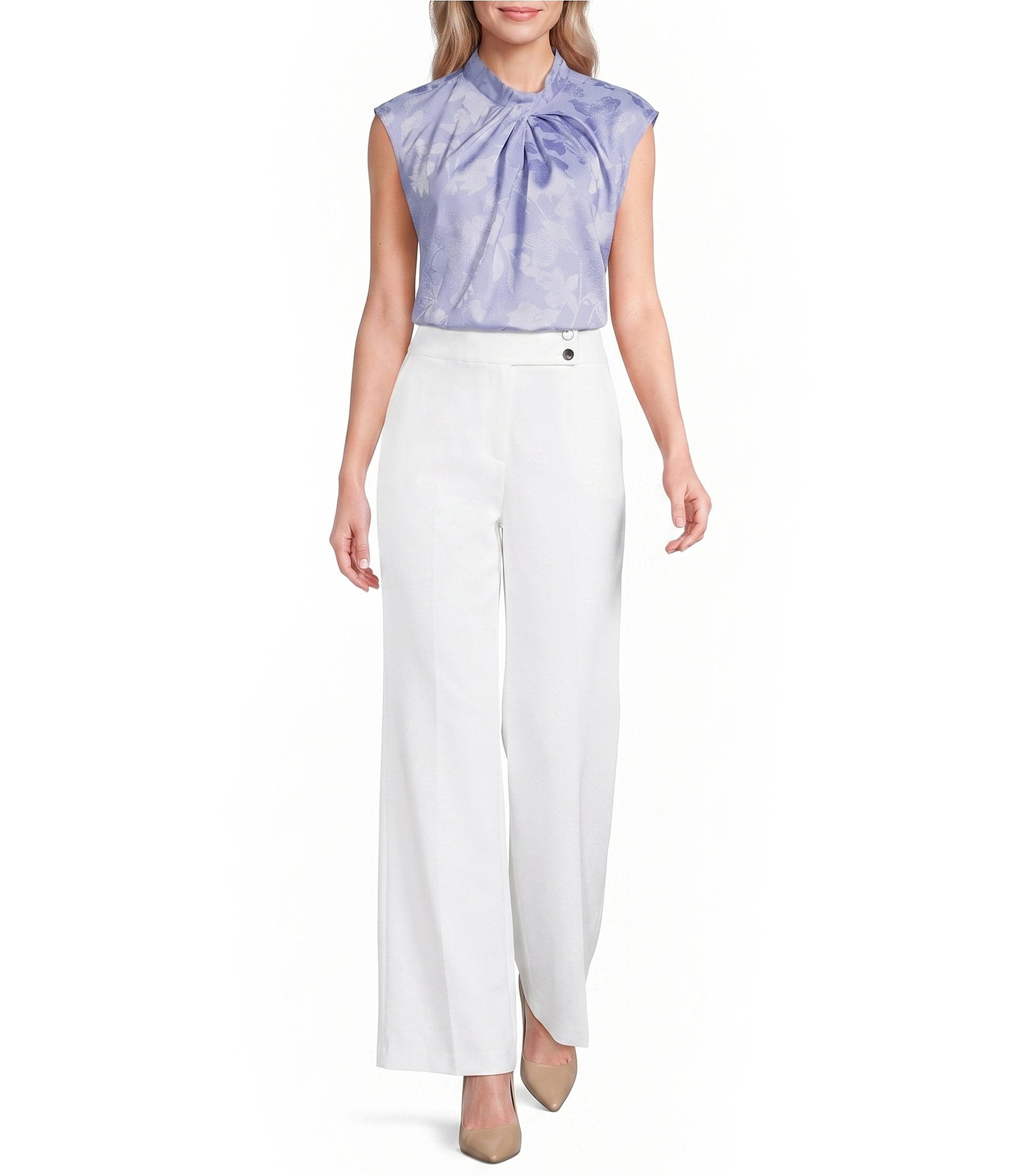 Calvin Klein Jacquard Floral Mock Twist Neck Cap Sleeve Top