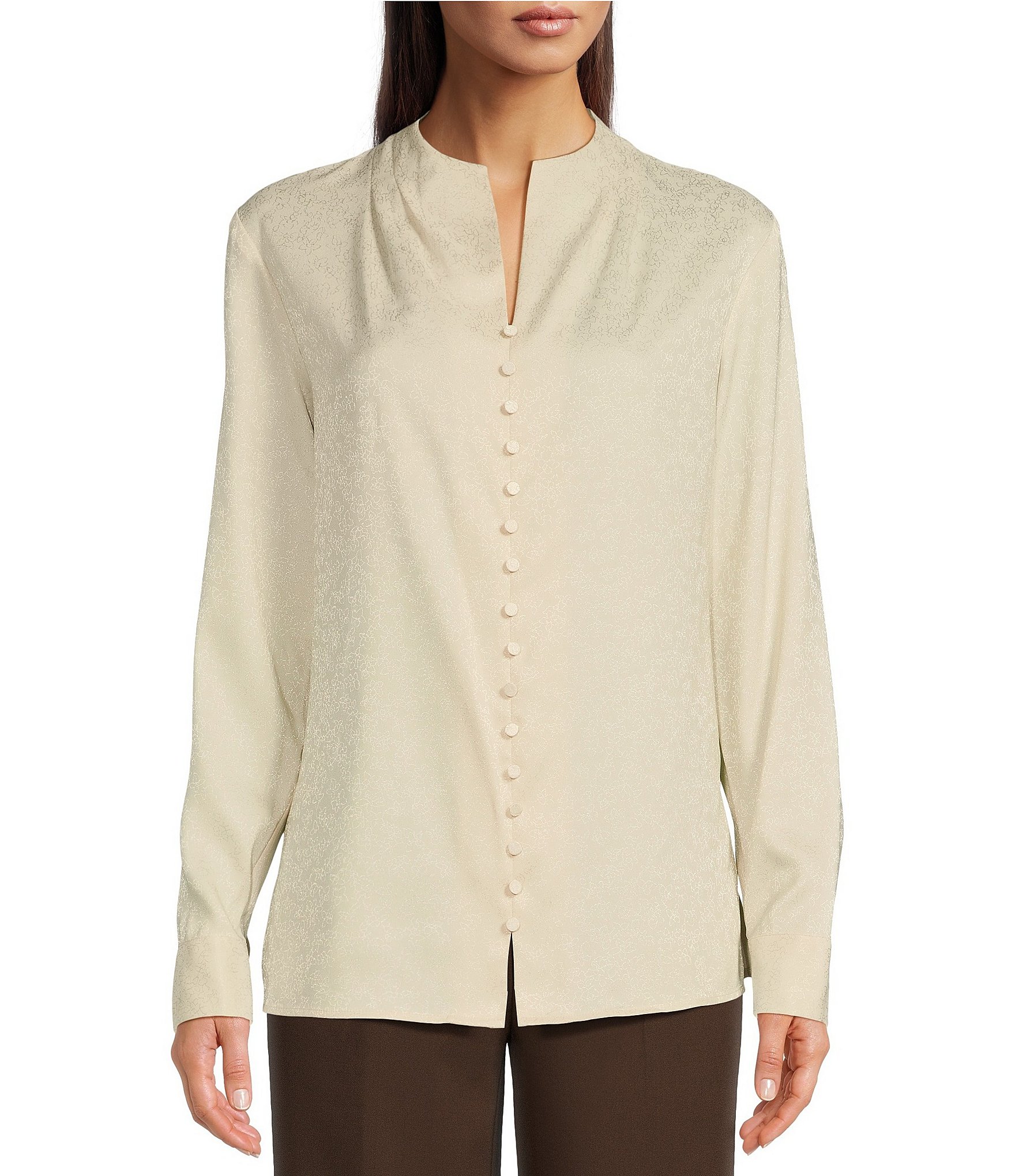 Calvin Klein Jacquard Split V-Neck Long Sleeve Pullover Blouse