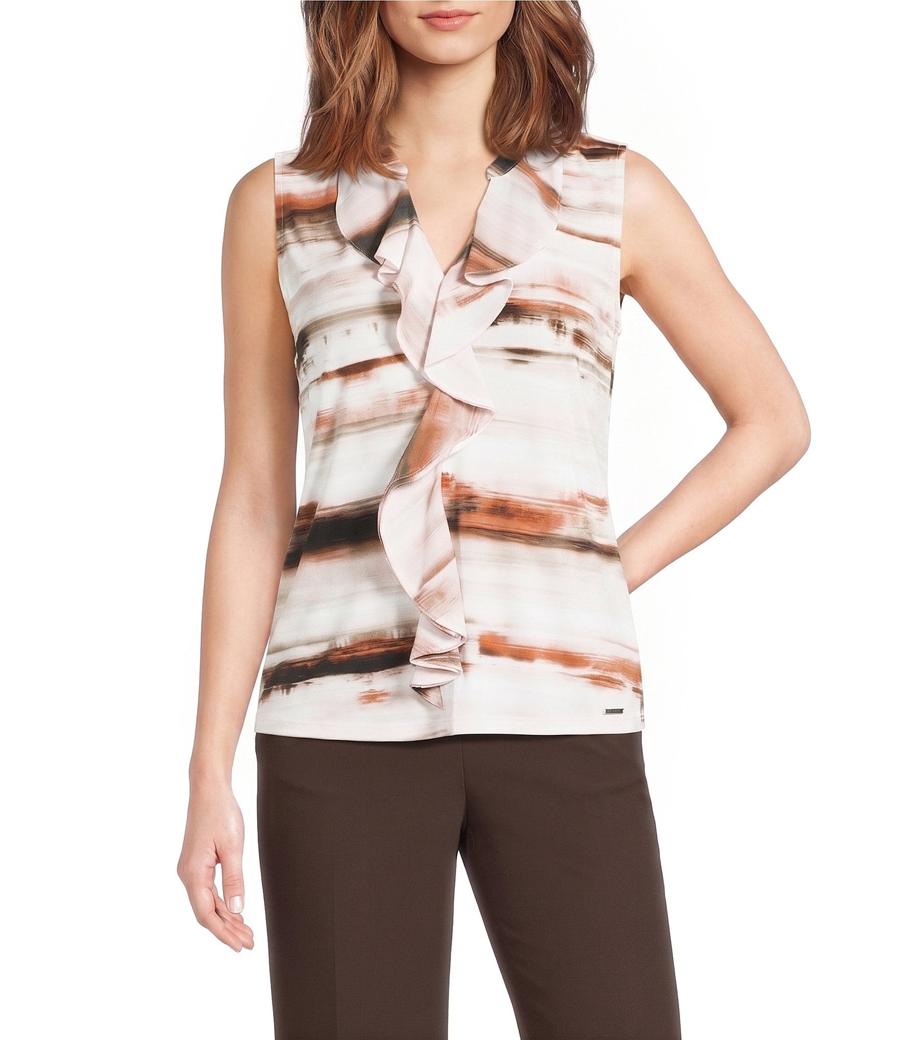 Calvin Klein Knit Jersey V-Neck Sleeveless Ruffle Front Top
