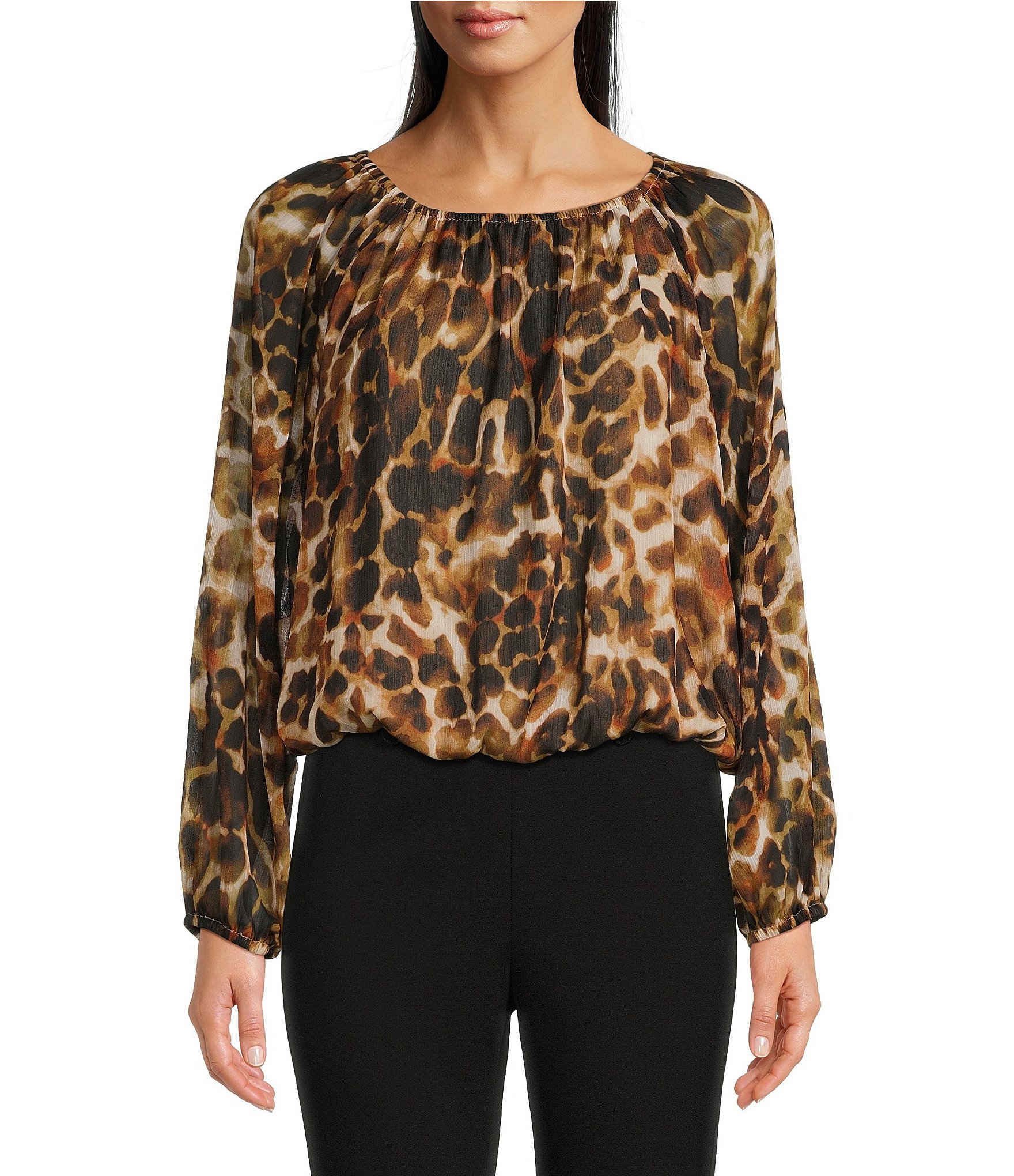 Calvin Klein Leopard Printed Crew Neckline Long Sleeve Blouse Dillard s