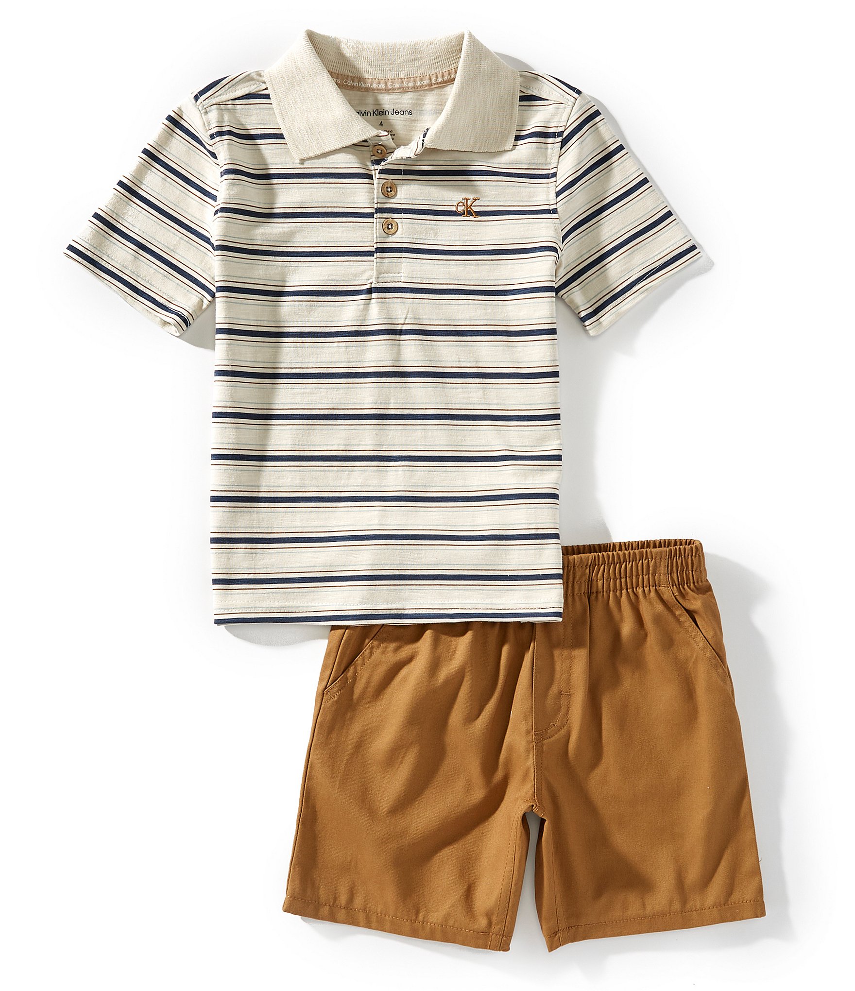 Calvin Klein Little Boys Short-Sleeve Striped Knit Polo Shirt & Solid Woven Shorts Set