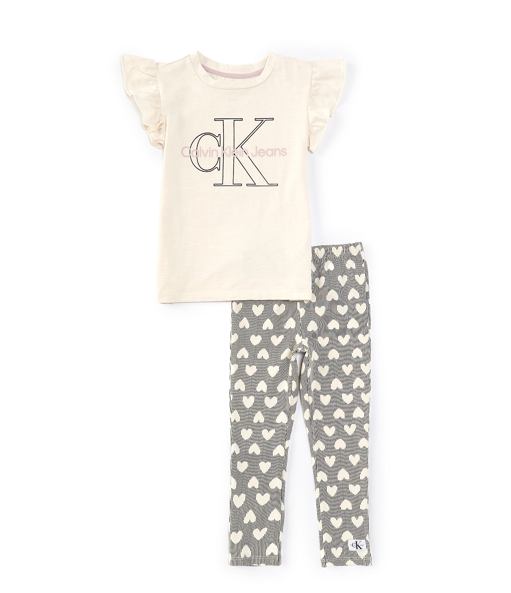 Calvin Klein Little Girls 2T-6X Flutter Sleeve Logo-Detailed Tunic Top & Heart-Printed Leggings Set