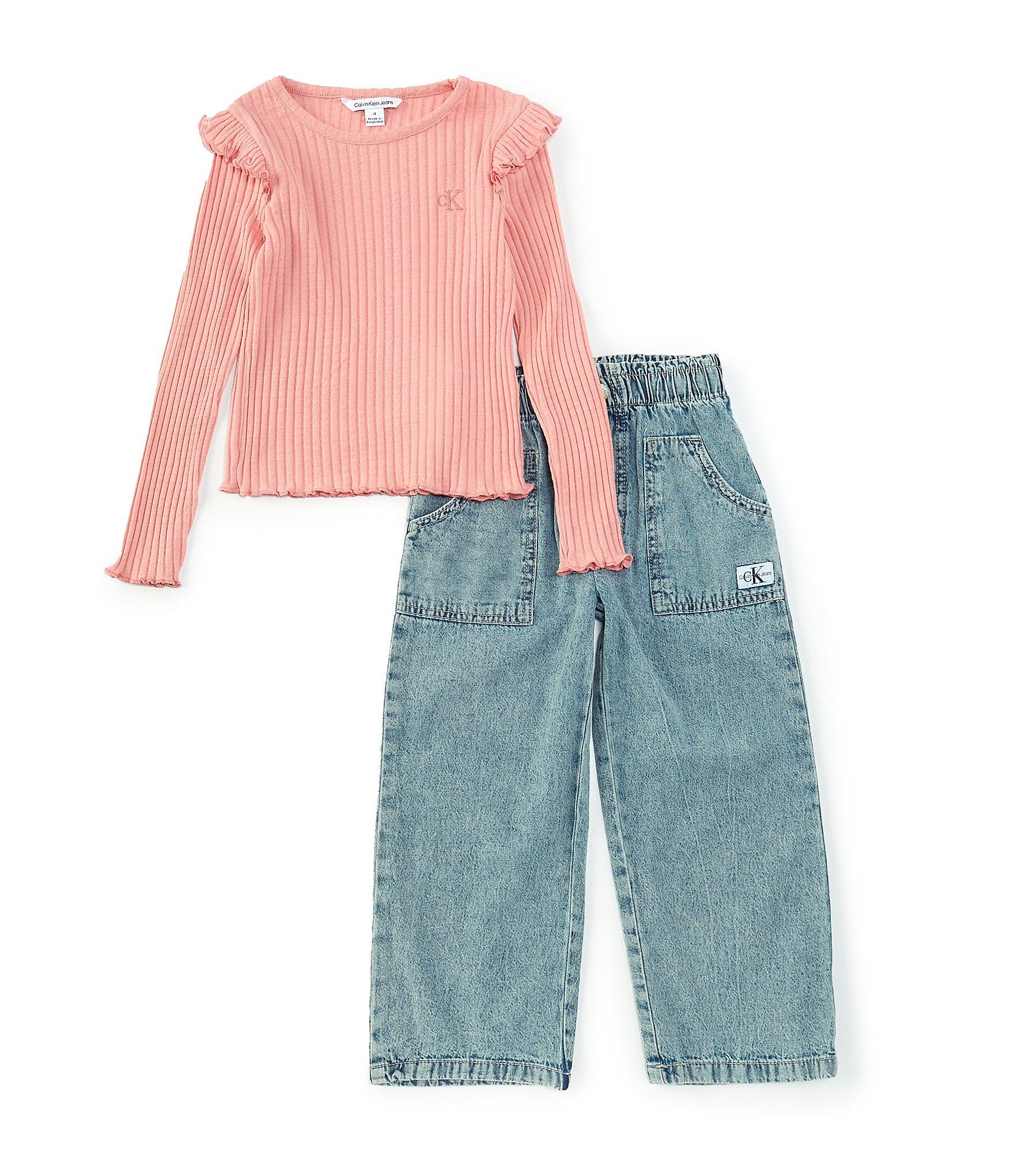 Calvin Klein Little Girls 2T-6X Long Sleeve RIb-Knit Top & Jeans Set