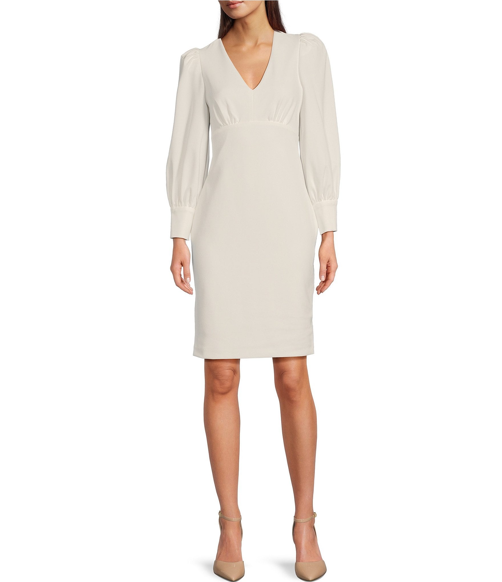 Calvin Klein Long Bishop Scuba Sheath Sleeve Dress | Crepe V-Neck Dillard\'s