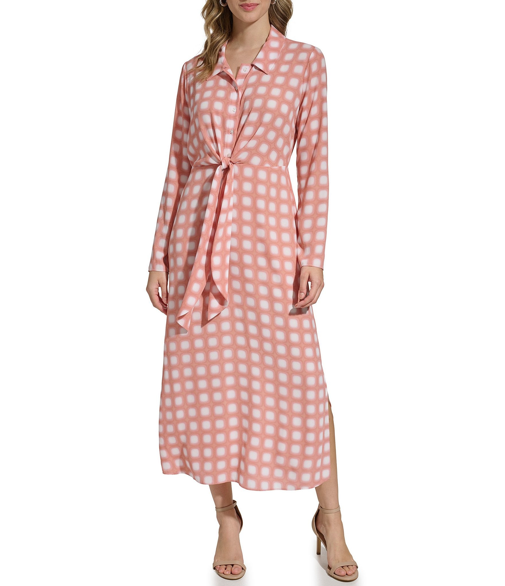 Calvin Klein Geometric Print Long Sleeve Surplice V-Neck Faux Wrap Dress