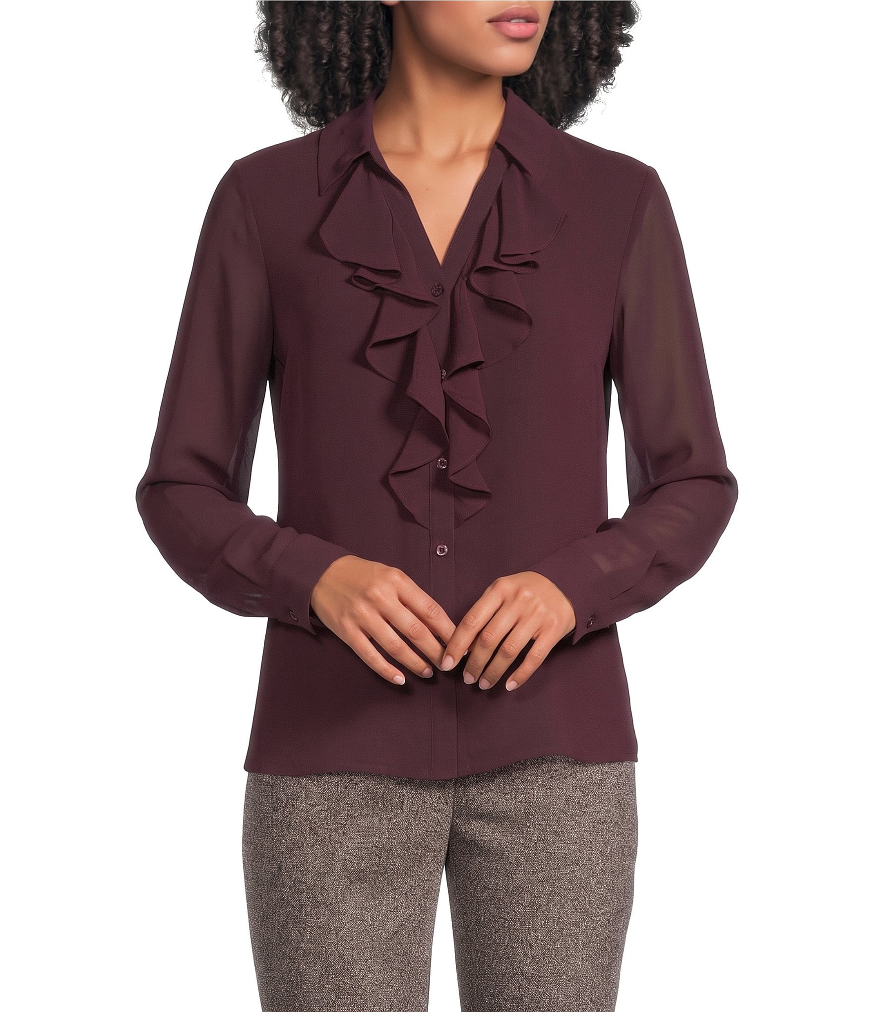 Calvin Klein Long Sleeve Ruffle Front Blouse