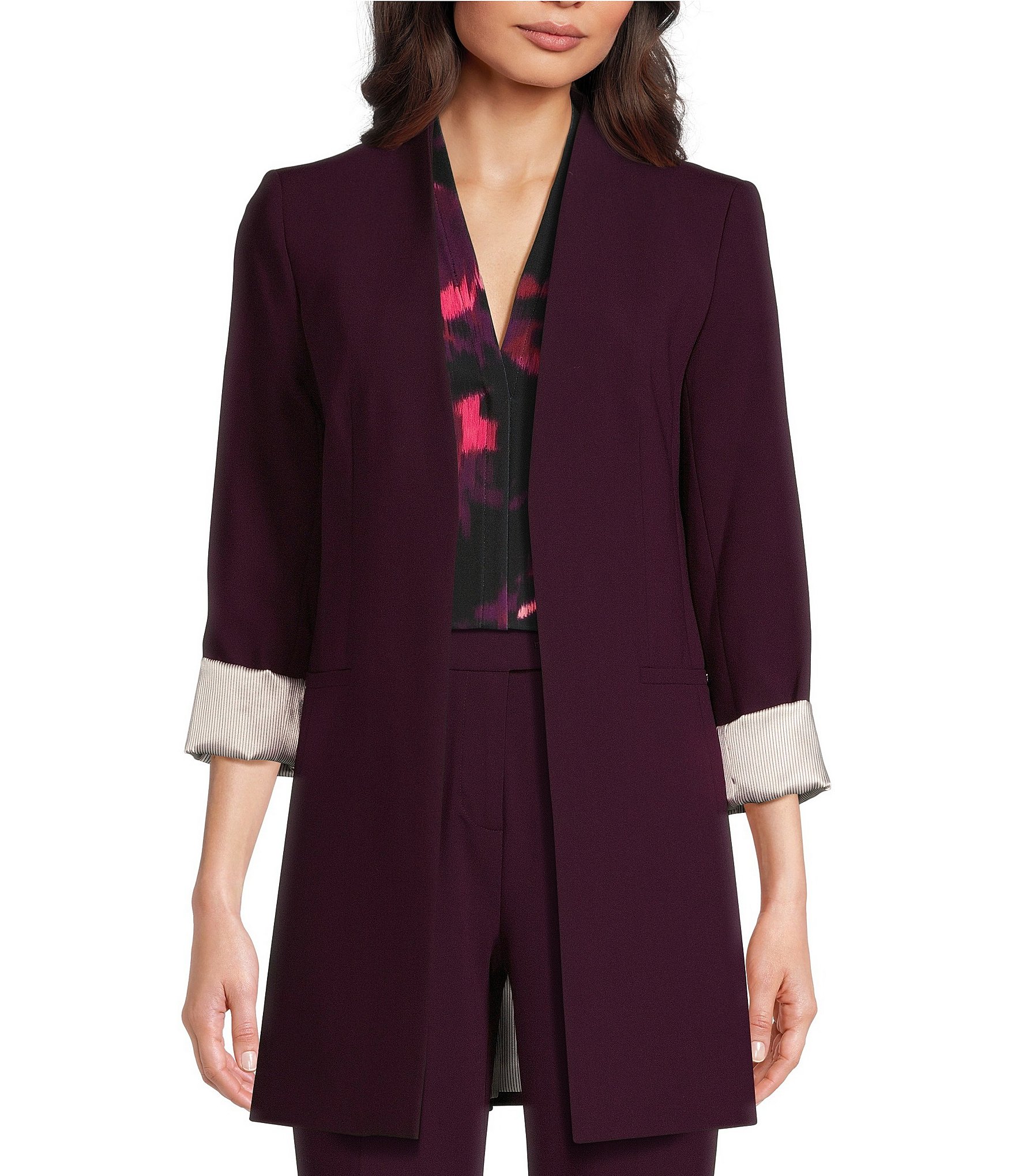 Calvin Klein Coordinating Lux Open Front 3/4 Roll Sleeve Collarless ...