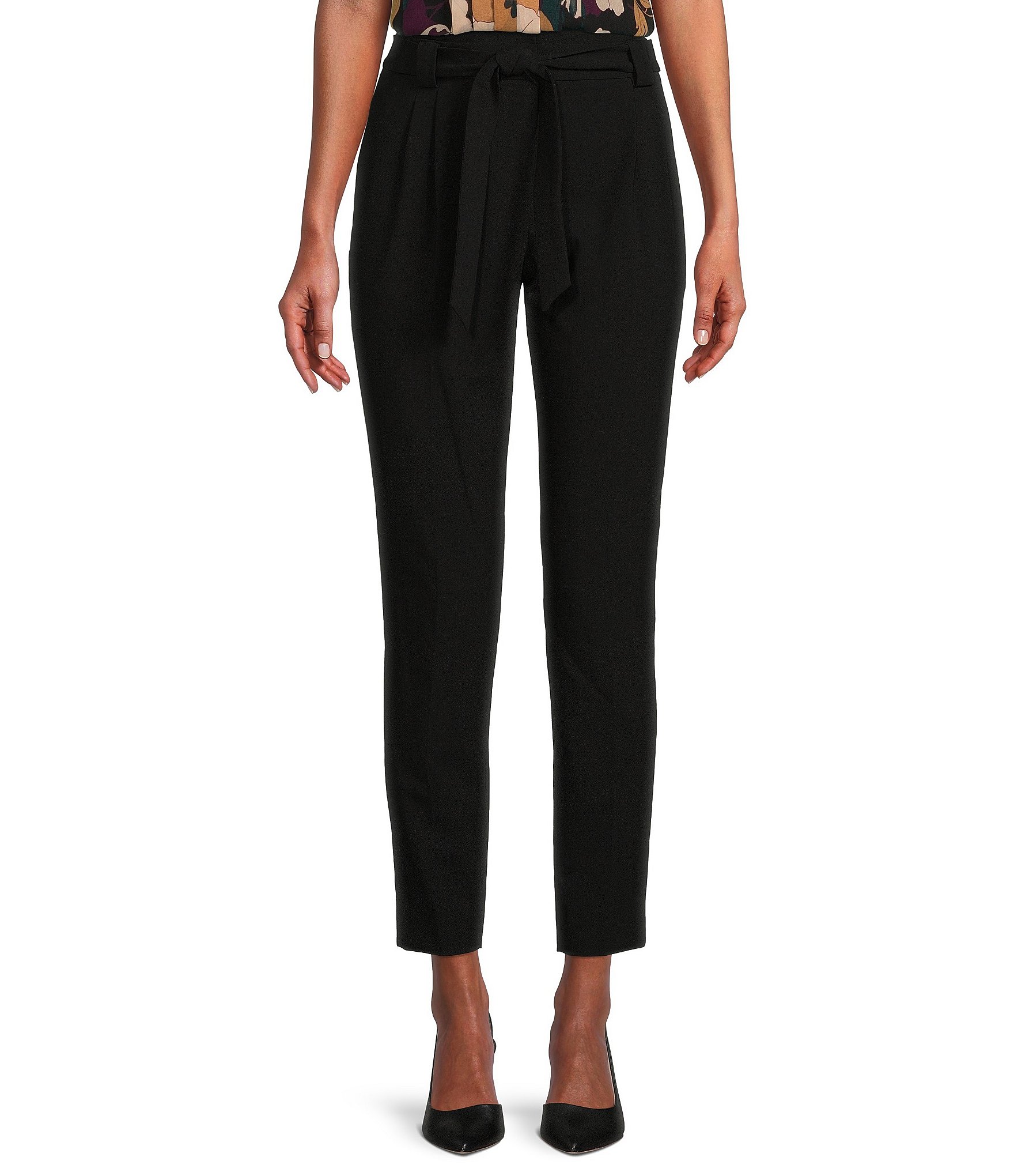 Calvin Klein Lux Stretch Mid Rise Paperbag Waist Pleated Tapered Ankle Pants  | Dillard's