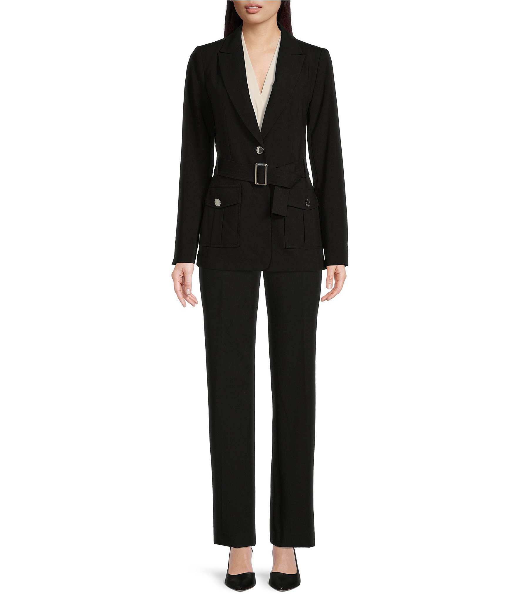 Calvin Klein Lux Stretch Peak Lapel Long Sleeve One Button Front Belted ...