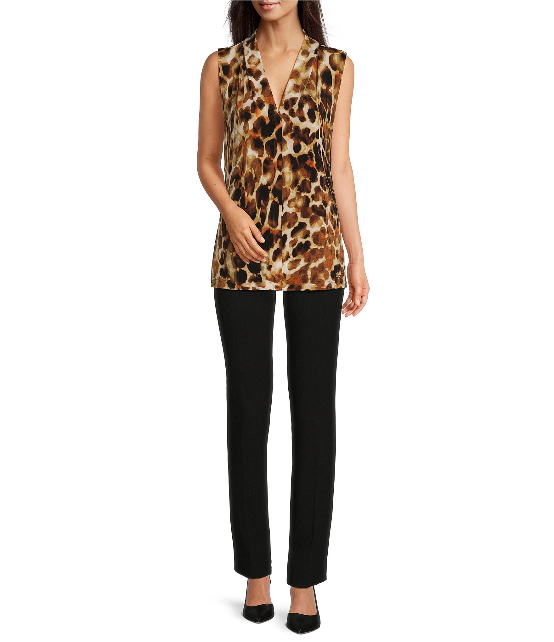 Calvin Klein Petite Size Leopard Print Knit Jersey V-Neck Sleeveless Cami