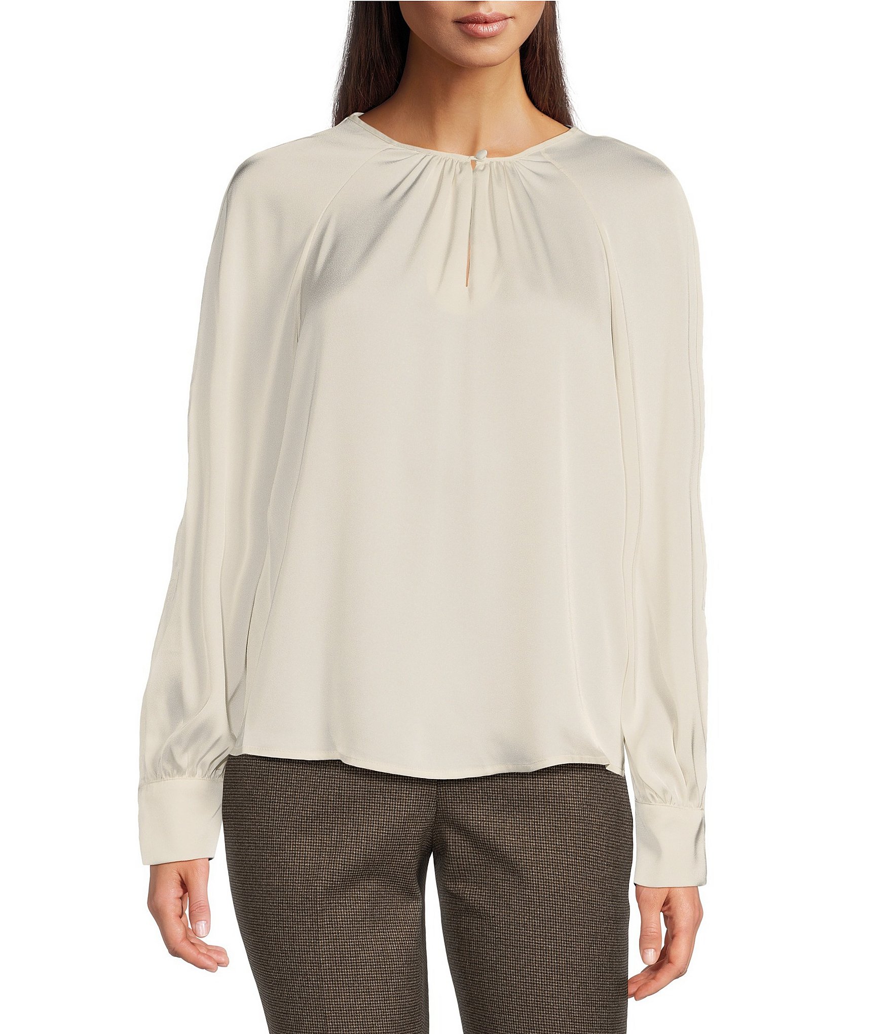 Calvin Klein Petite Size Woven Pleated Keyhole Crew Neck Long Sleeve Blouse PXL